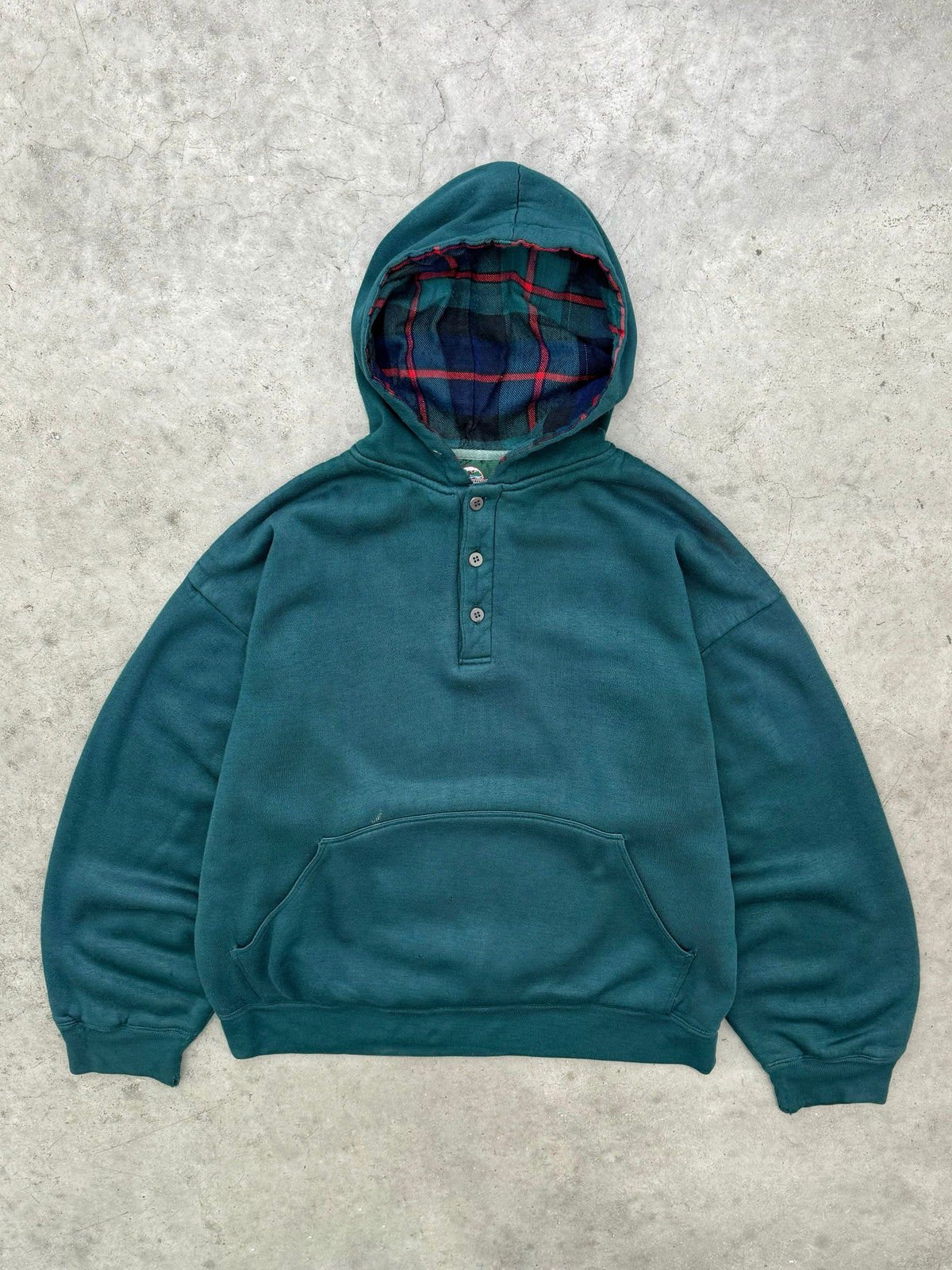 FADED GREEN FLANNEL LINED QUARTER BUTTON HOODIE - 1990S