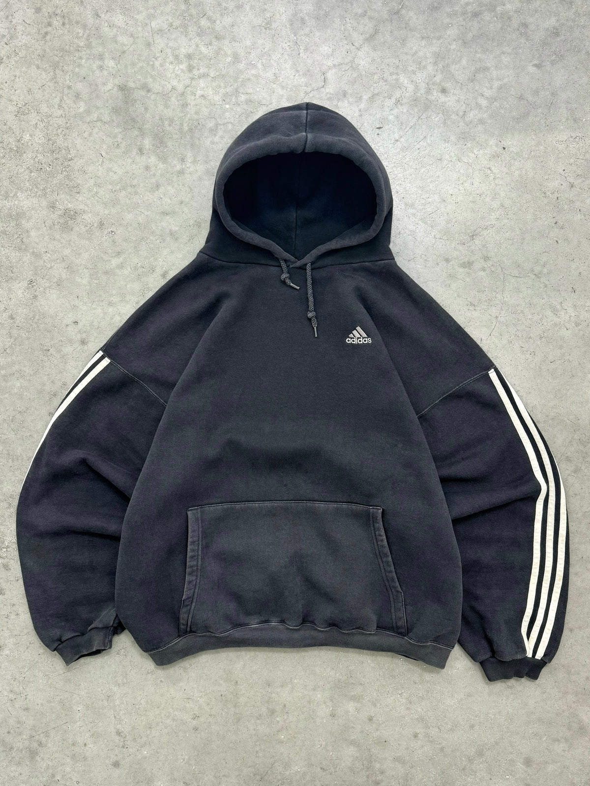 FADED BLACK ADIDAS 3 STRIPE HEAVYWEIGHT HOODIE - 1990S