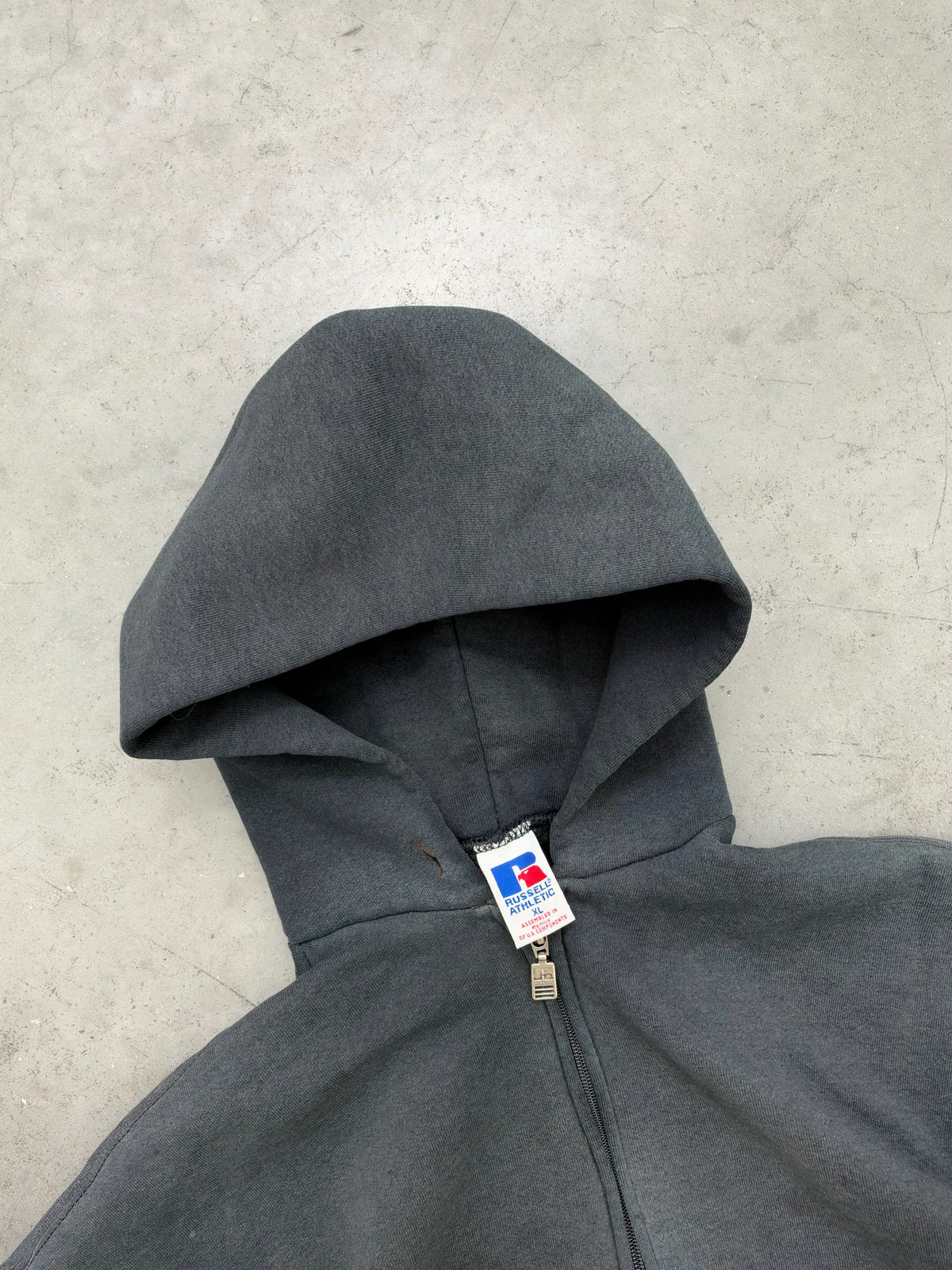 DISTRESSED FADED MIDNIGHT BLACK RUSSELL ZIP UP HOODIE - 1990S