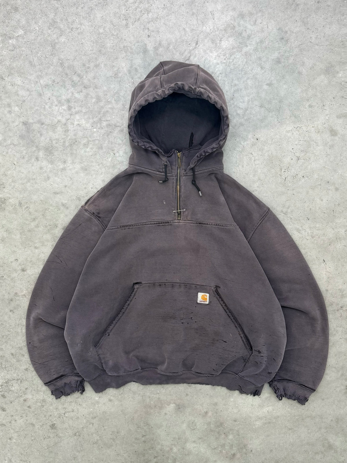 DISTRESSED & FADED BLACK CARHARTT PARKA SWEATSHIRT - 1990S