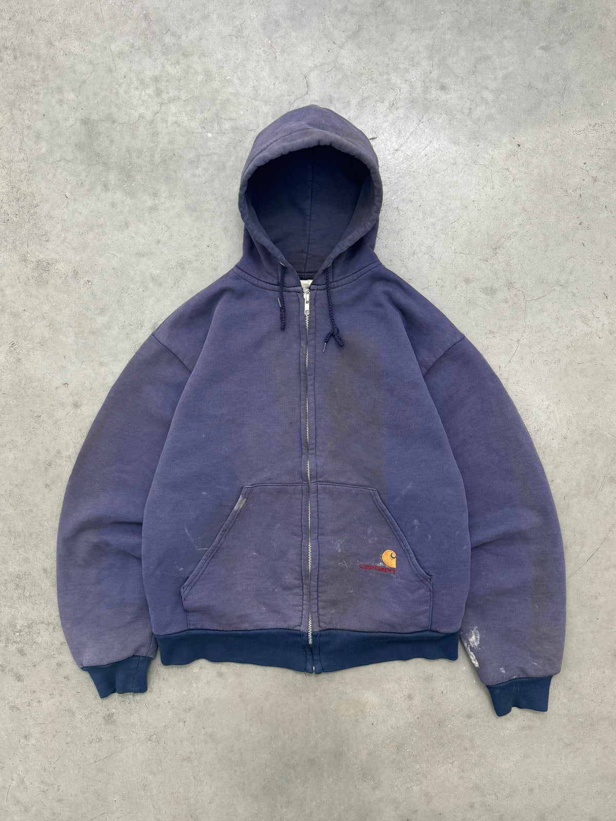 DISTRESSED FADED INDIGO CARHARTT THERMAL-LINED ZIP UP HOODIE - 1980S