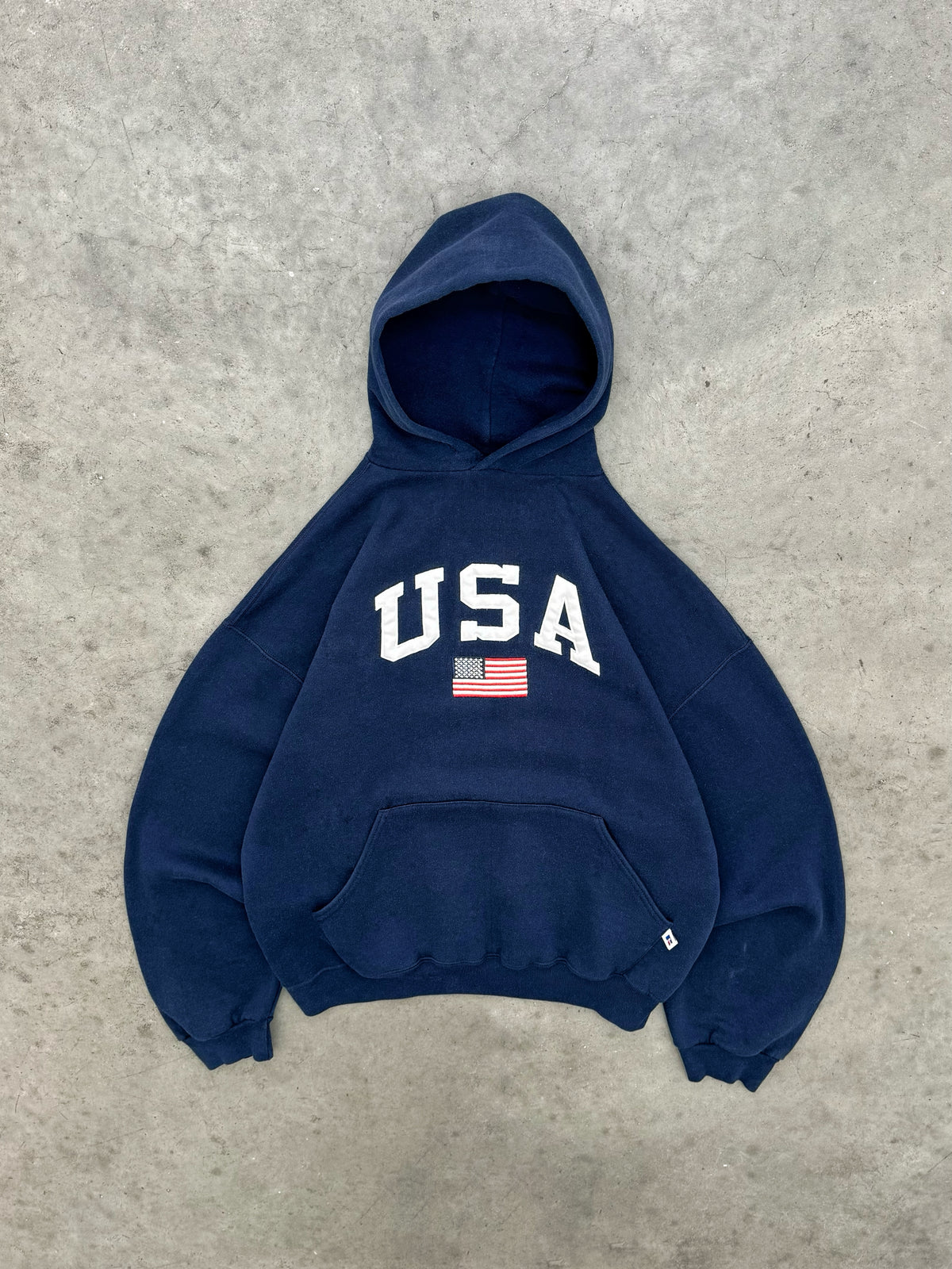 FADED NAVY "USA" RUSSELL HOODIE - 1990S
