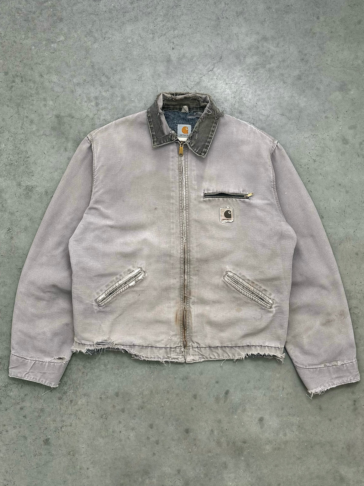 DISTRESSED FADED CEMENT GREY CARHARTT DETROIT JACKET - 1990S