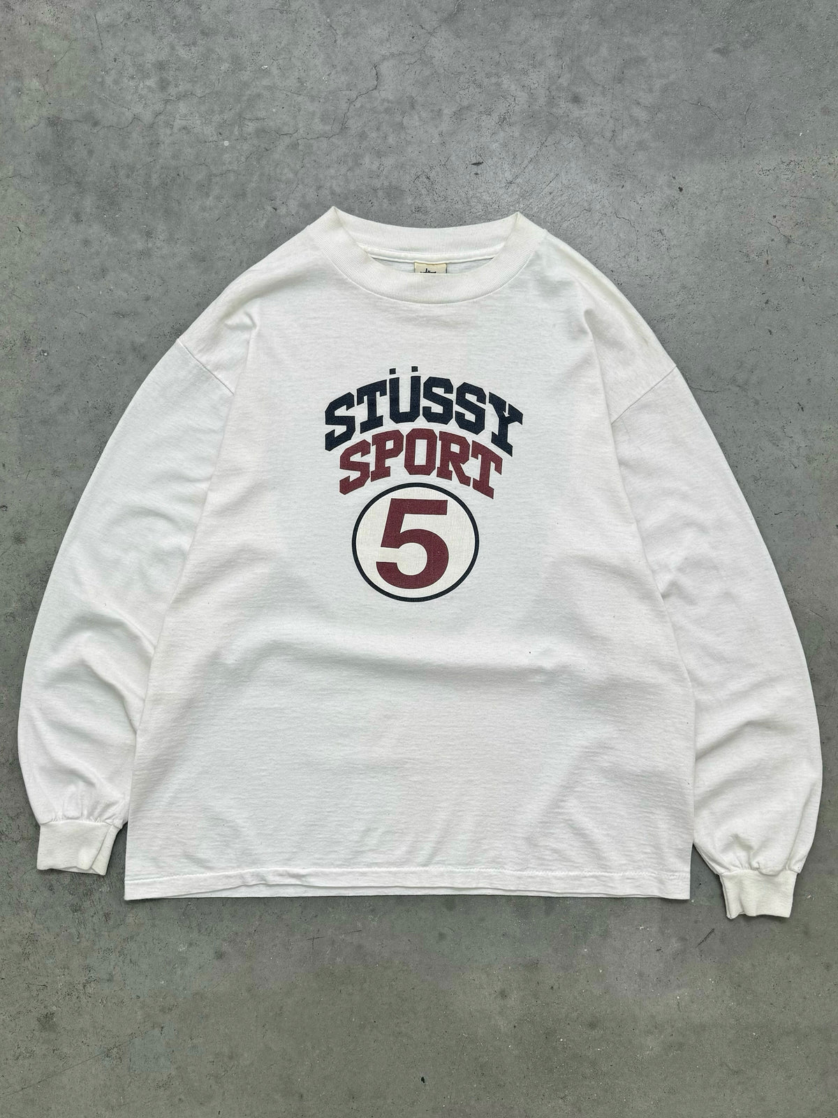 FADED BONE WHITE "STUSSY SPORT" MADE IN USA LONG SLEEVE TEE - 1990S