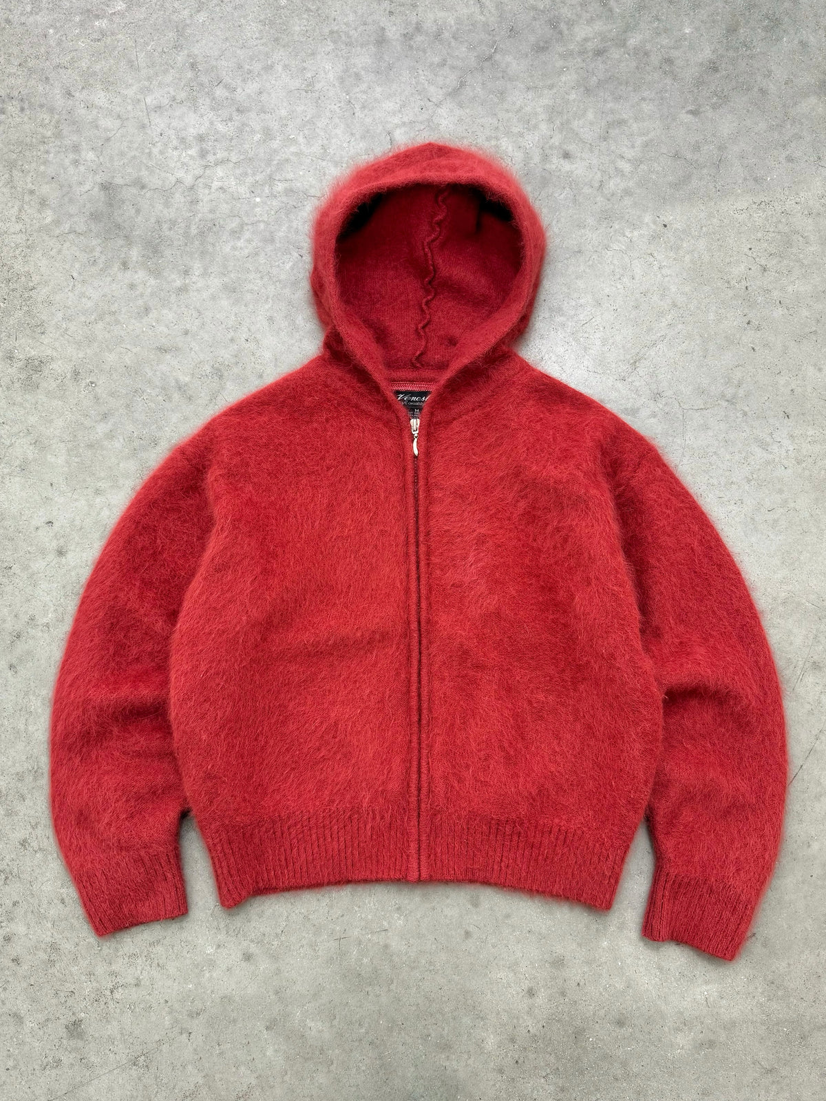 FADED CRIMSON ANGORA MOHAIR KNIT ZIP HOODED SWEATER - 1990S