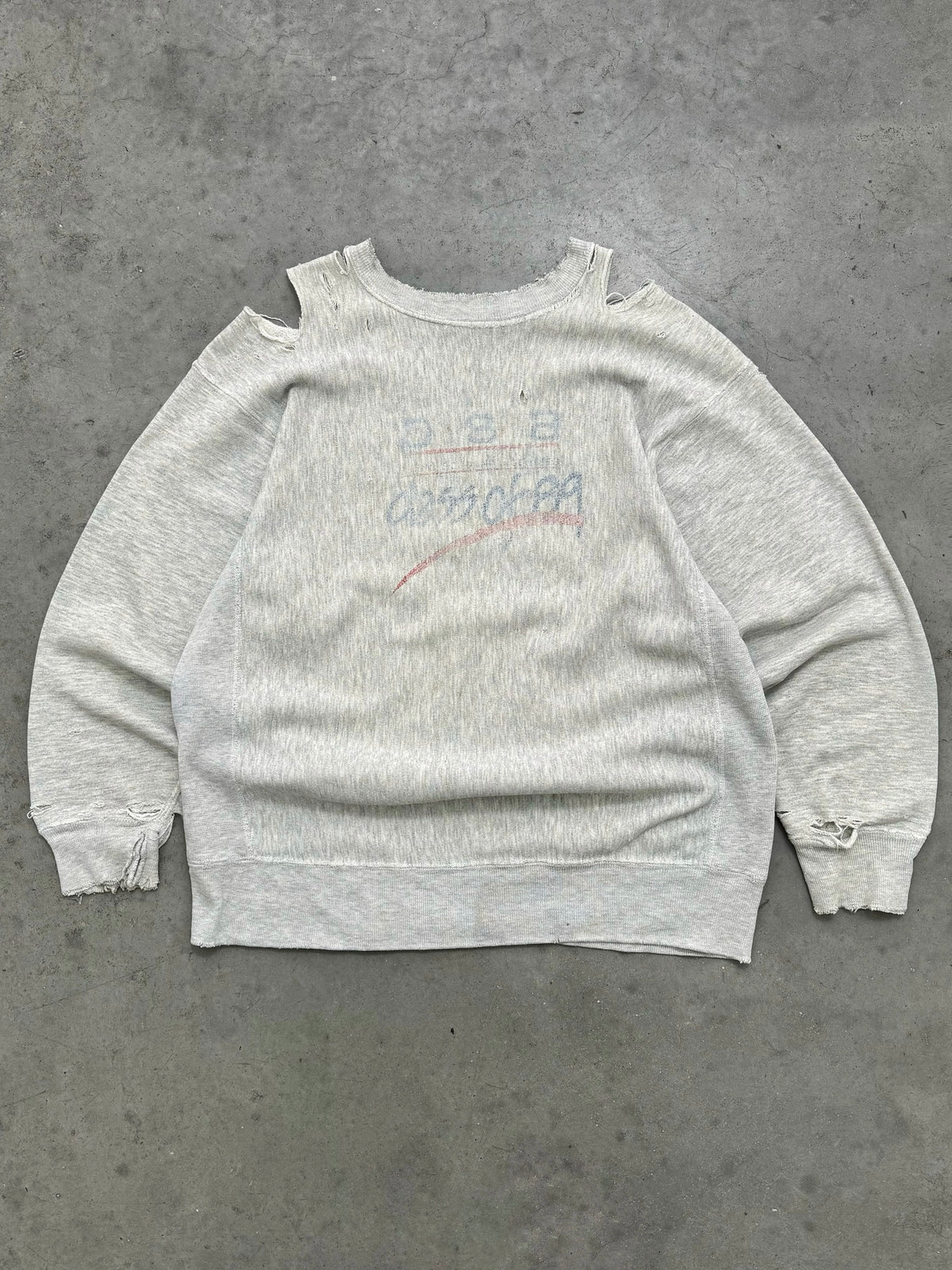 DISTRESSED CROSS GRAIN HEATHER REVERSE WEAVE CREWNECK - 1980S