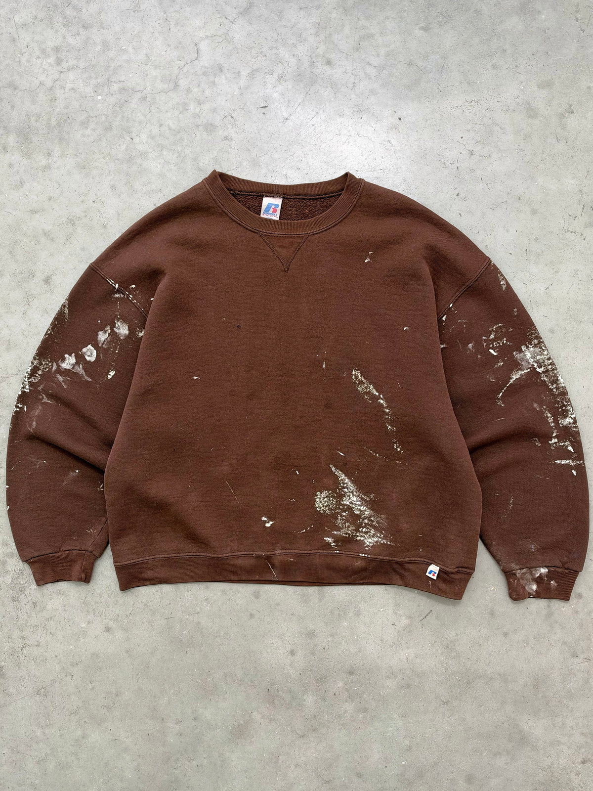 FADED MOCHA BROWN PAINT SPLATTER RUSSELL CREWNECK - 2000S