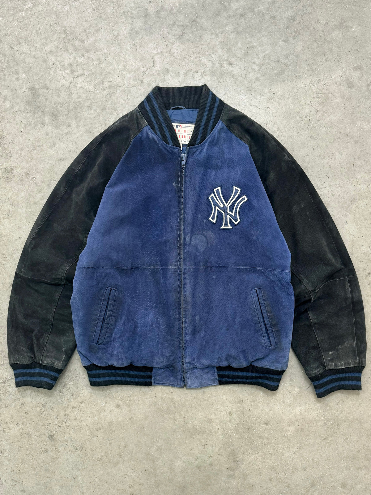 FADED MIDNIGHT BLUE NEW YORK YANKEES SUEDE BOMBER JACKET - 1980S