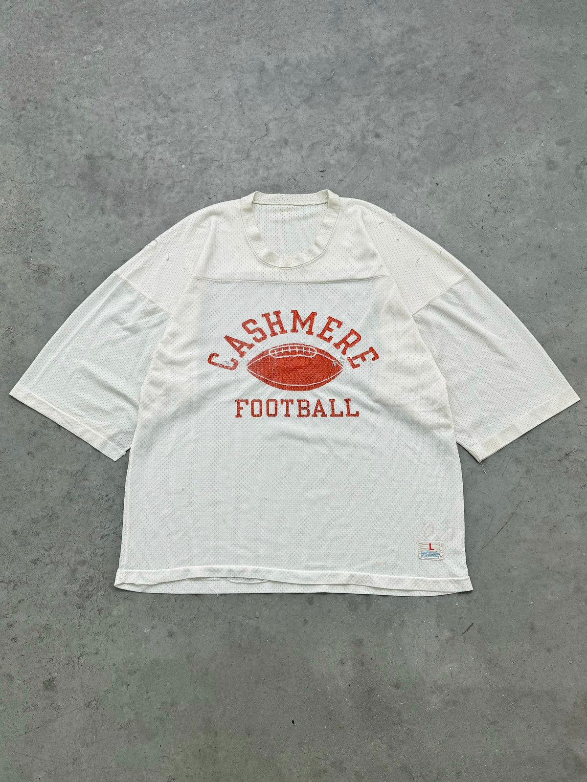 DISTRESSED & FADED WHITE "CASHMERE FOOTBALL" MESH JERSEY - 1980S