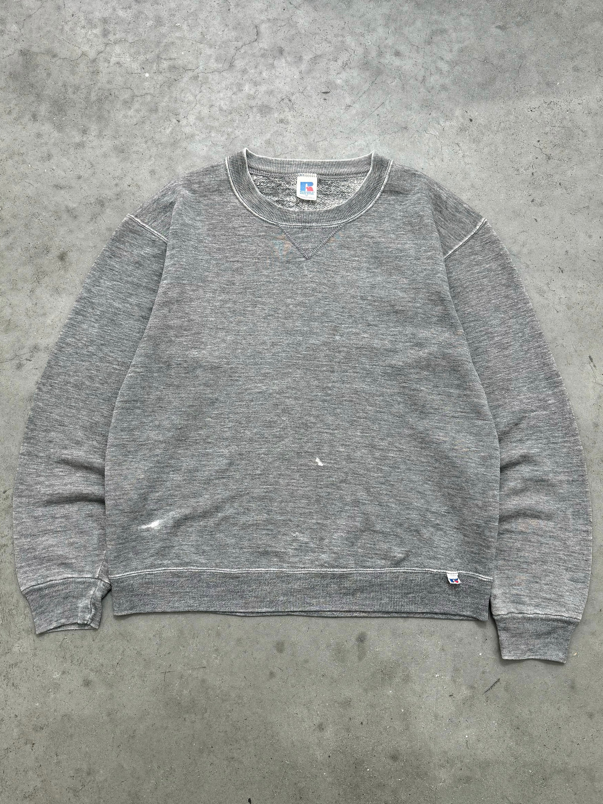 FADED HEATHER GREY & DISTRESSED RUSSELL CREWNECK - 1980S