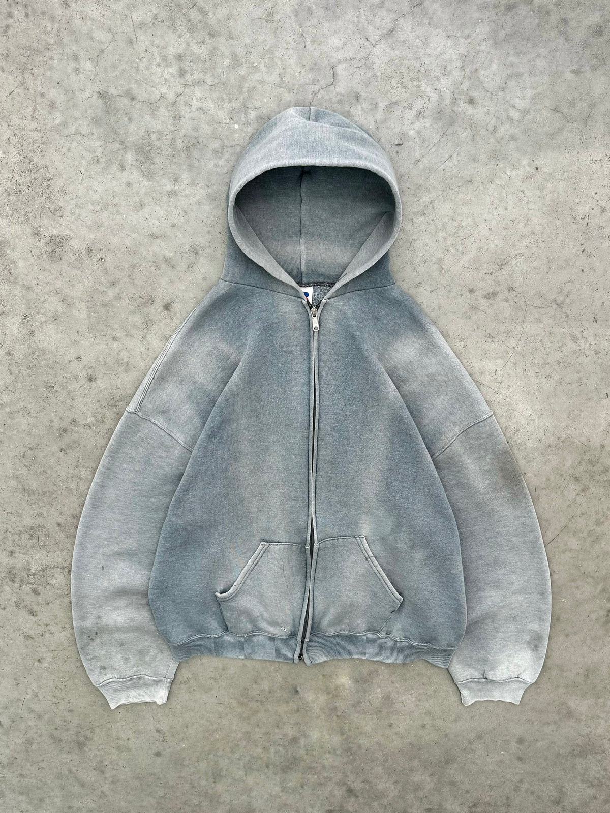 SUN FADED SLATE GREY RUSSELL ZIP UP HOODIE - 1990S