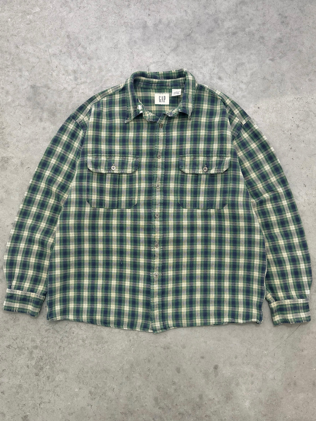 FADED GREEN PLAID GAP FLANNEL SHIRT - 1990S