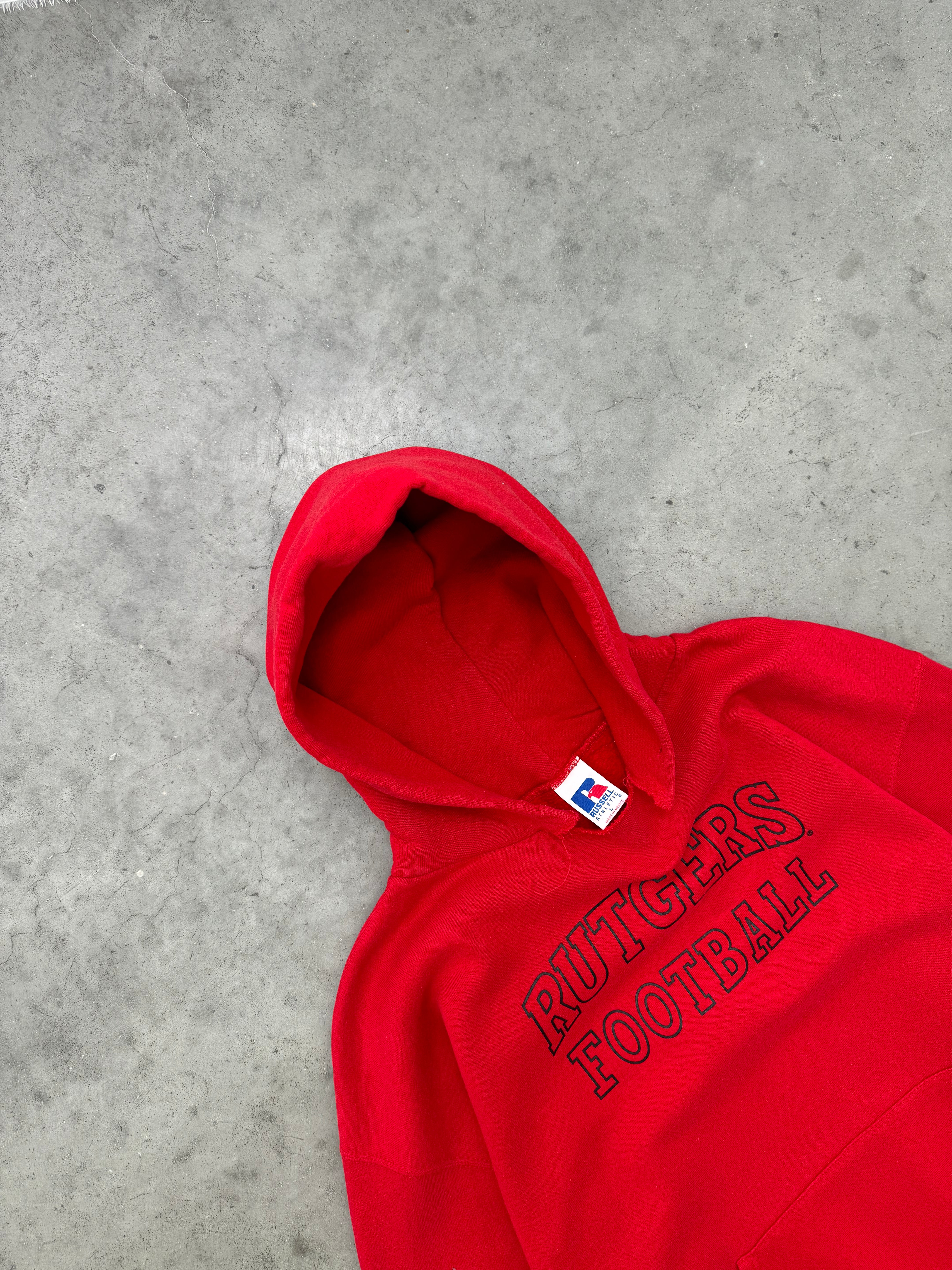 FADED RED "RUTGERS FOOTBALL" RUSSELL HOODIE - 1990S