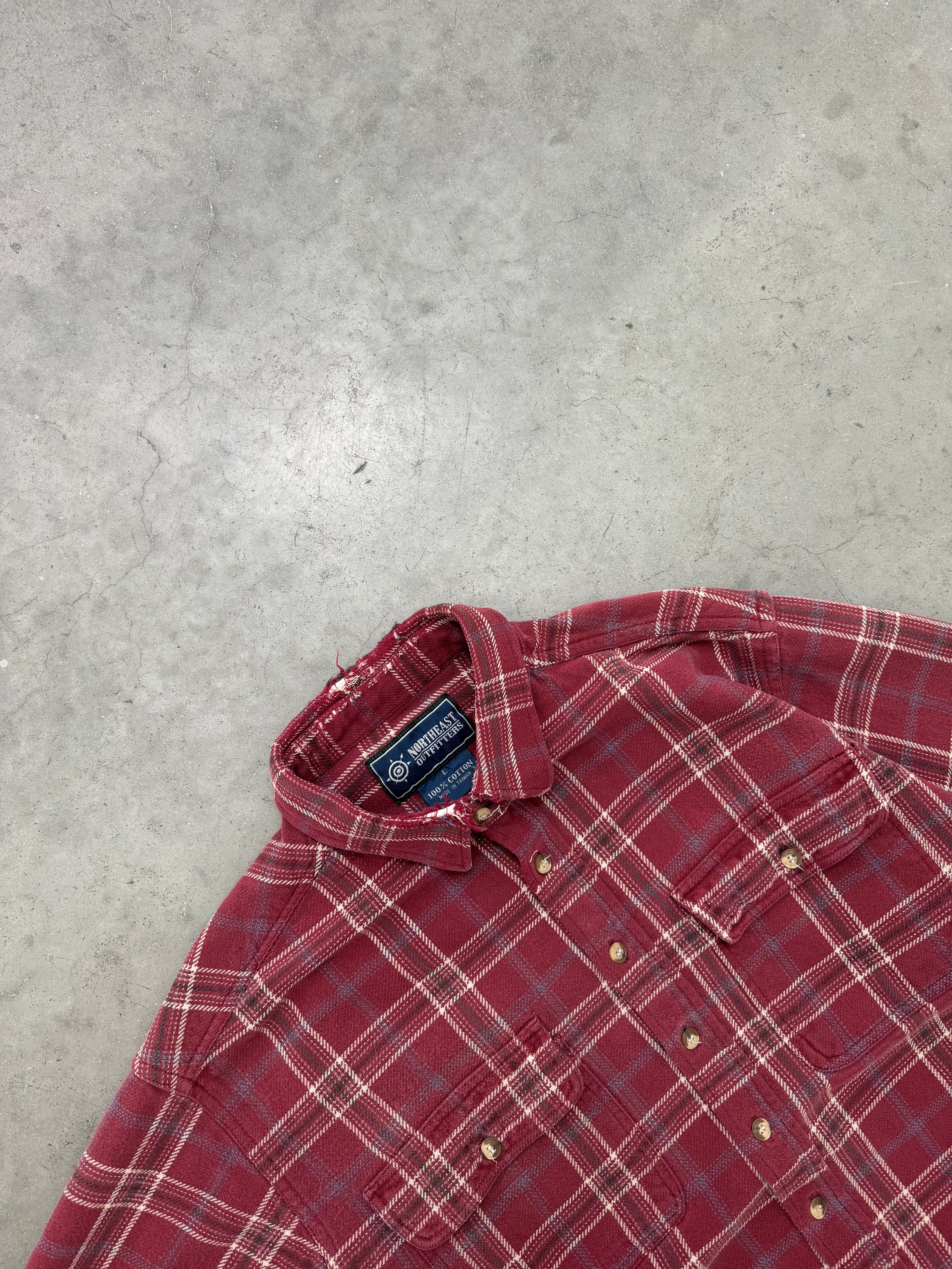FADED MAROON PLAID FLANNEL OVERSHIRT - 1990S