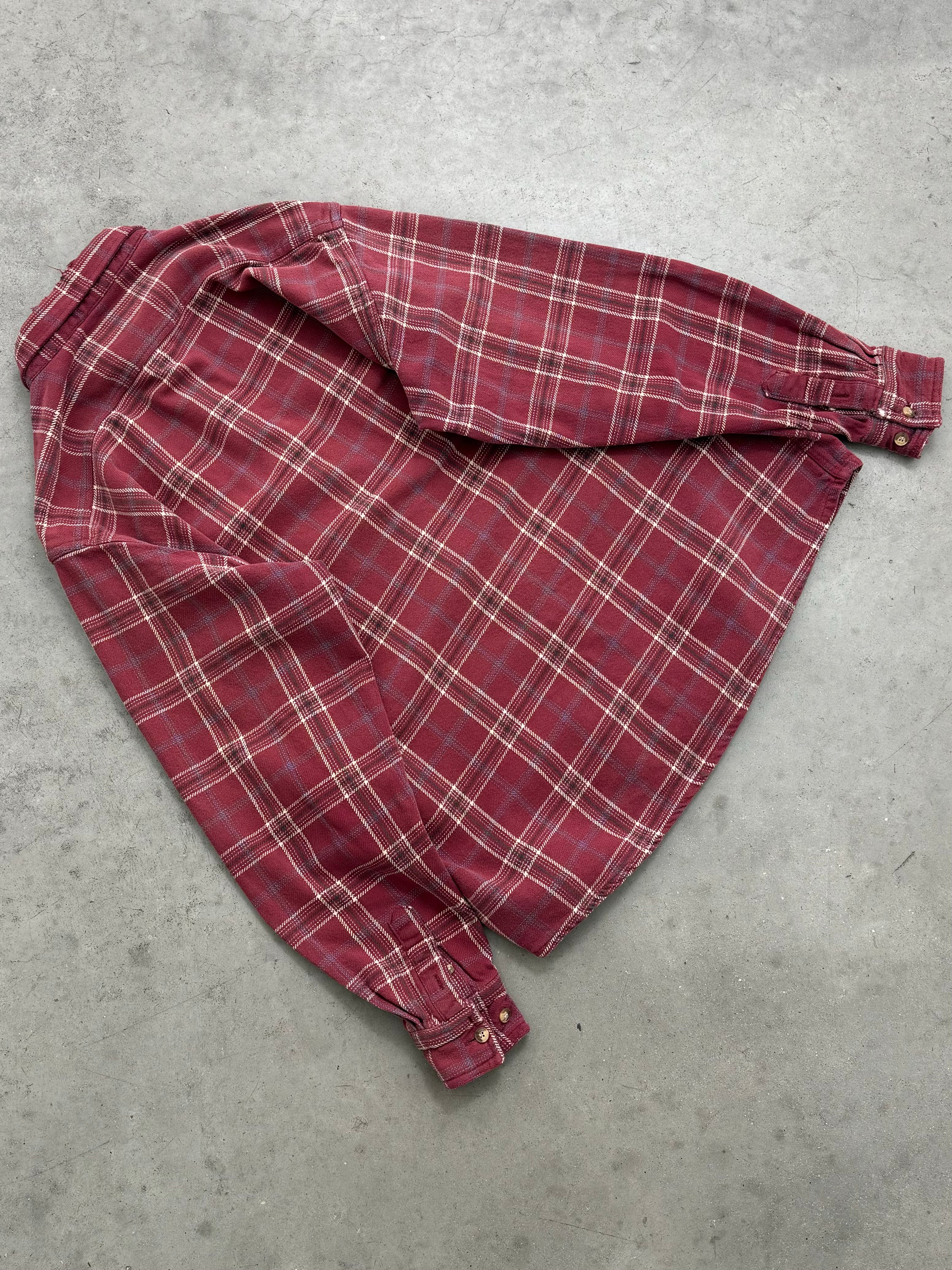 FADED MAROON PLAID FLANNEL OVERSHIRT - 1990S