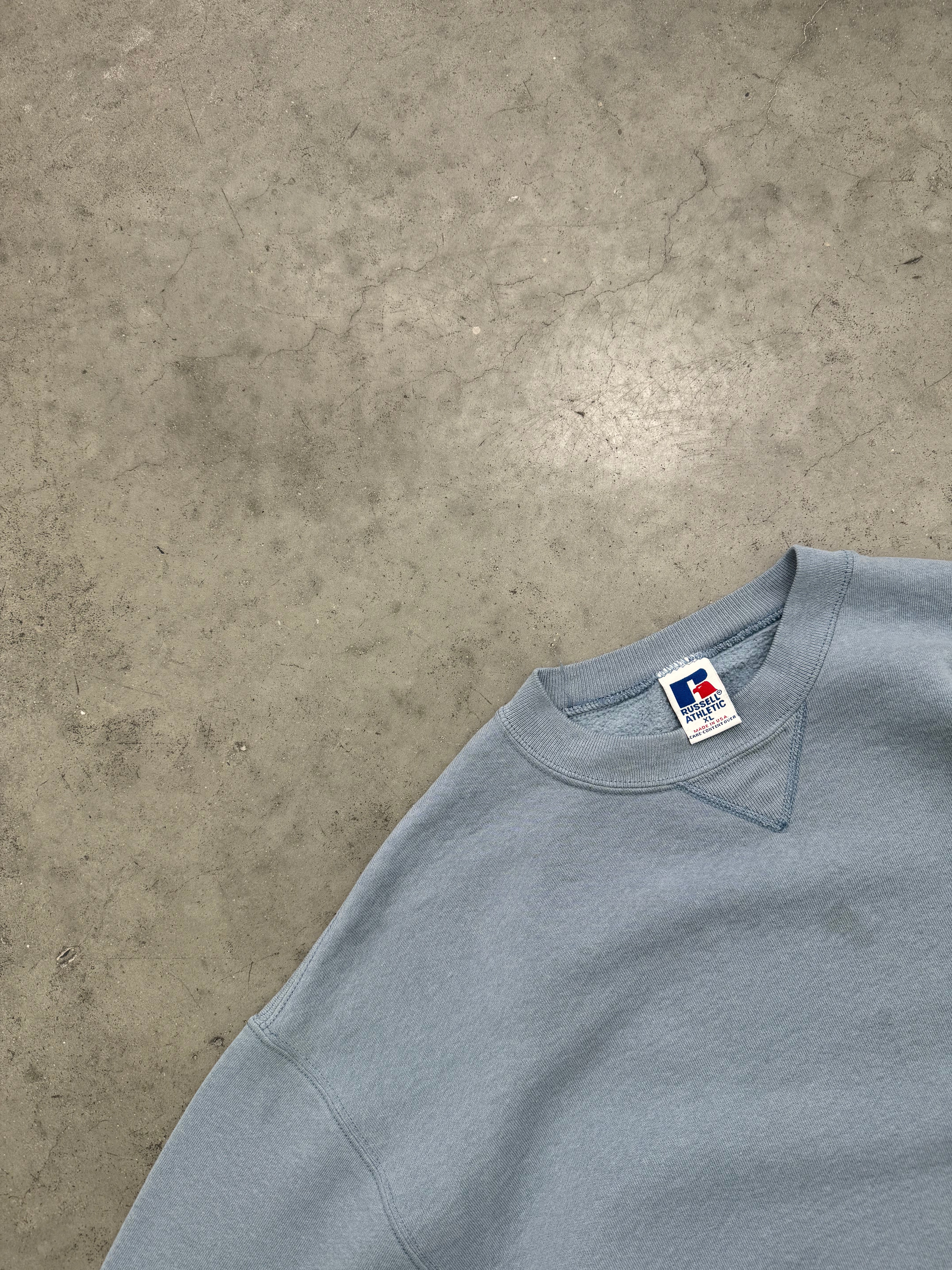 FADED BABY BLUE RUSSELL CREWNECK SWEATSHIRT - 1990S