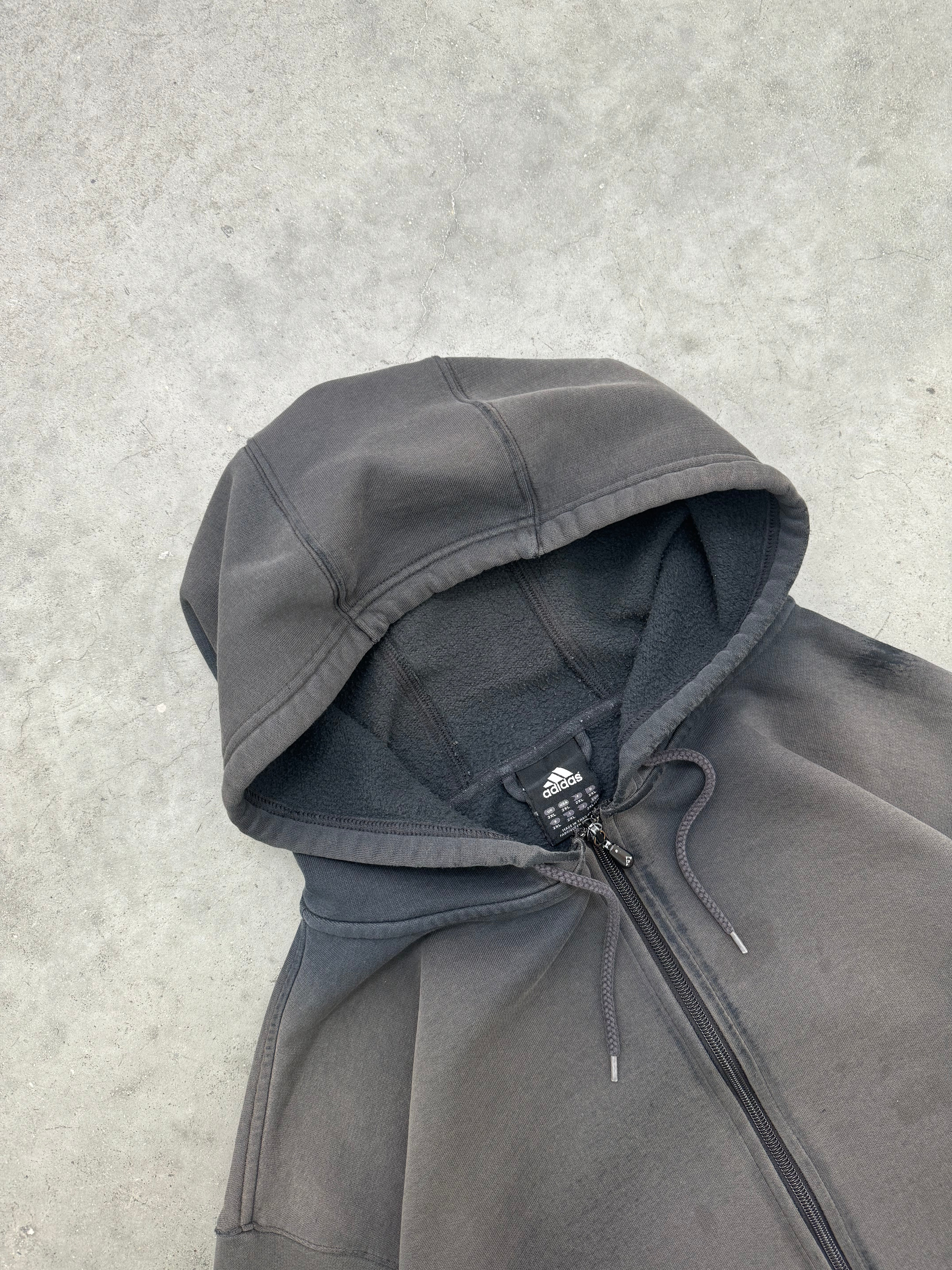SUN FADED BLACK & DISTRESSED ADIDAS ZIP UP HOODIE - 2000S