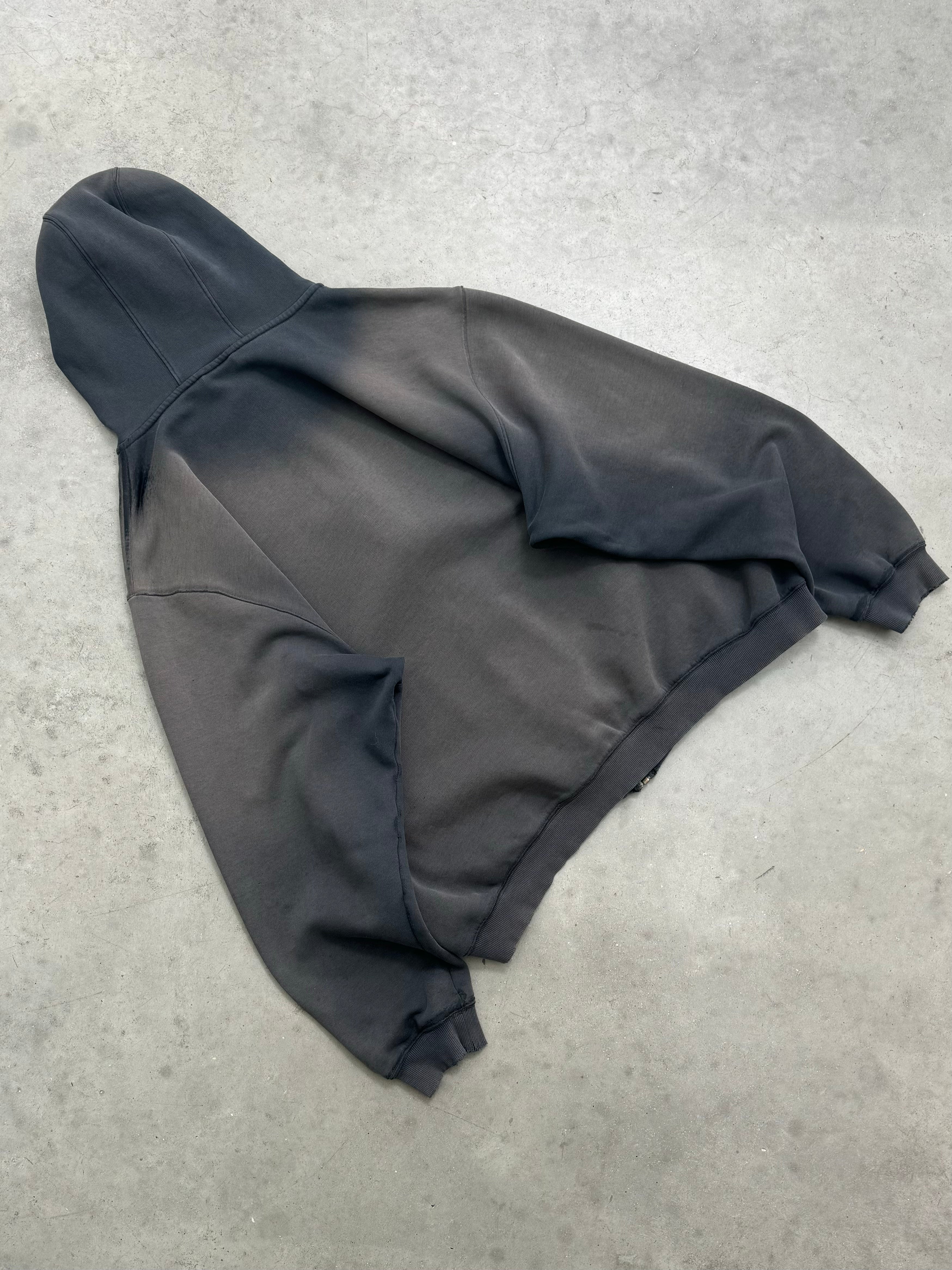 SUN FADED BLACK & DISTRESSED ADIDAS ZIP UP HOODIE - 2000S