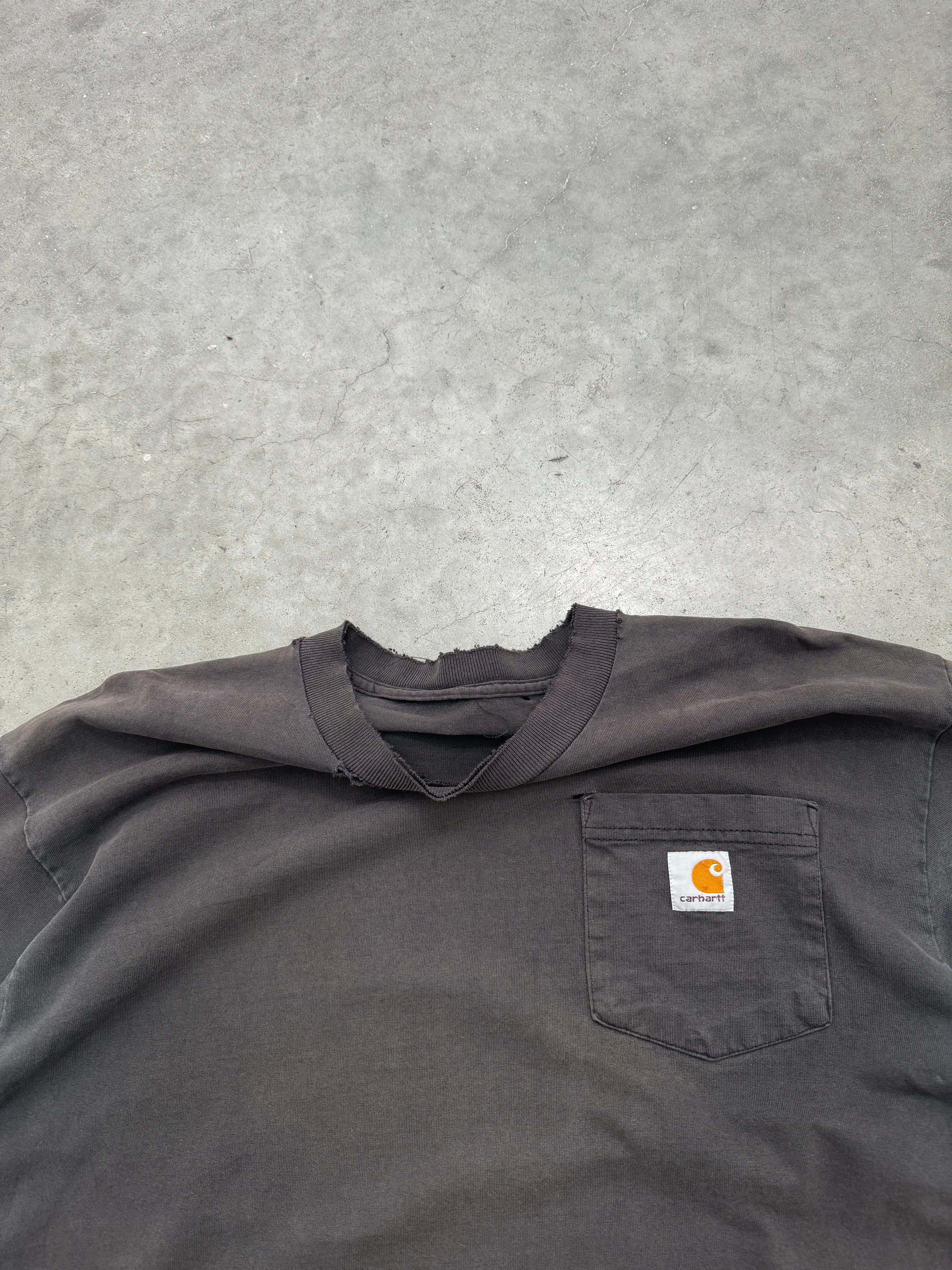 DISTRESSED & FADED BLACK CARHARTT LONGSLEEVE POCKET TEE - 1990S
