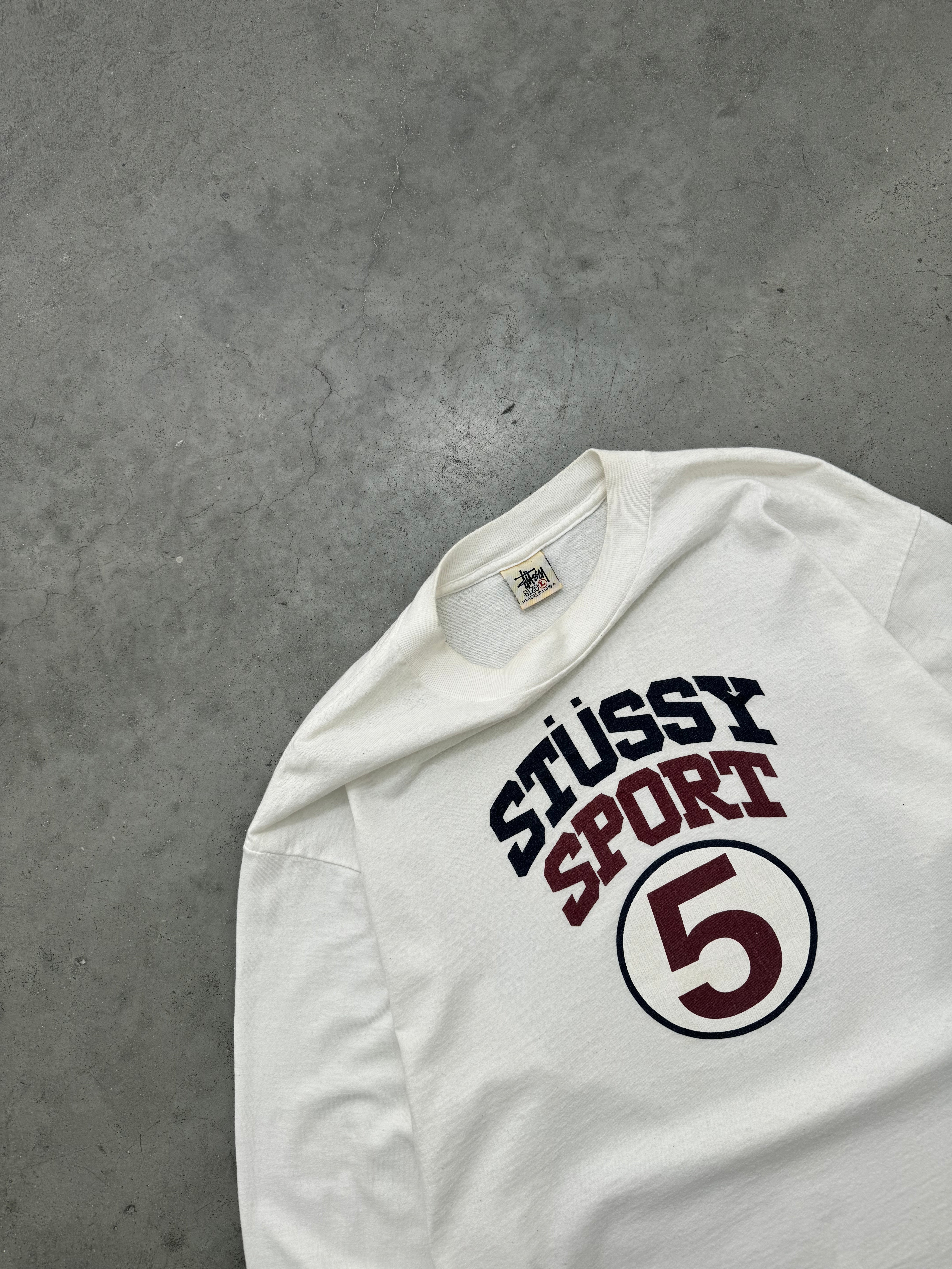 FADED BONE WHITE "STUSSY SPORT" MADE IN USA LONG SLEEVE TEE - 1990S