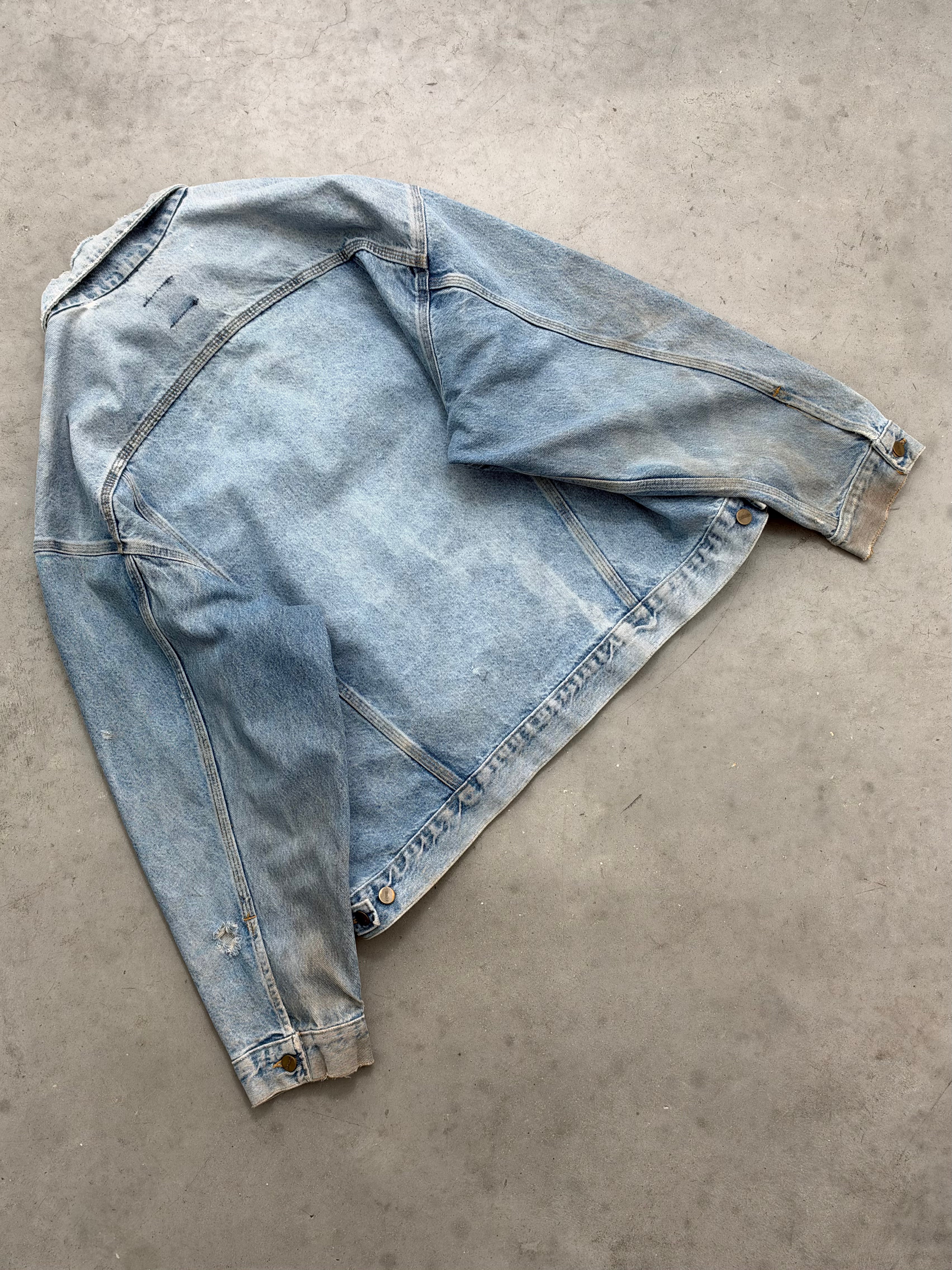 DISTRESSED SUN FADED BLUE CARHARTT DENIM TRUCKER JACKET - 1990S