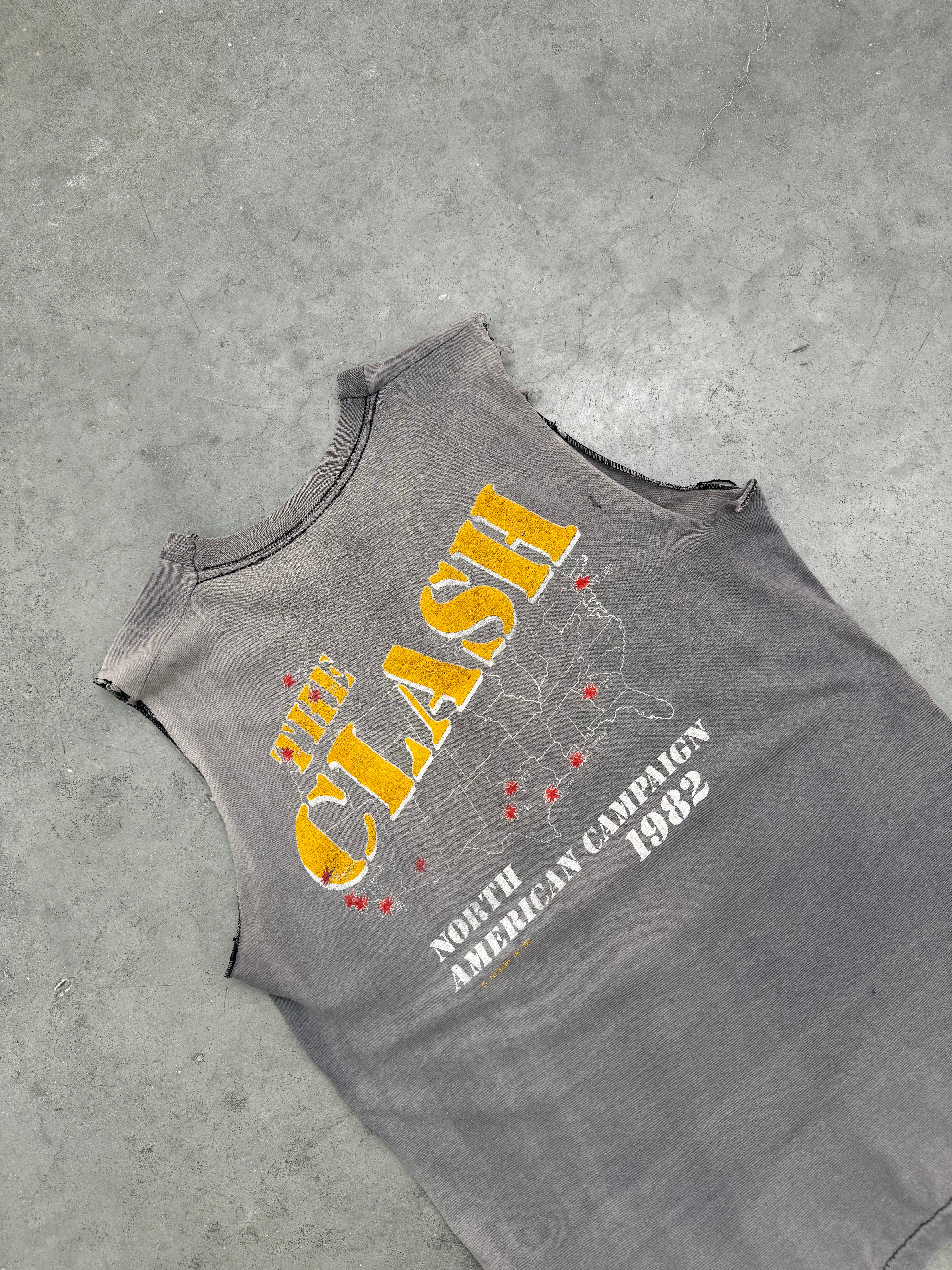 FADED CHARCOAL & DISTRESSED "THE CLASH" SLEEVELESS TEE - 1980S