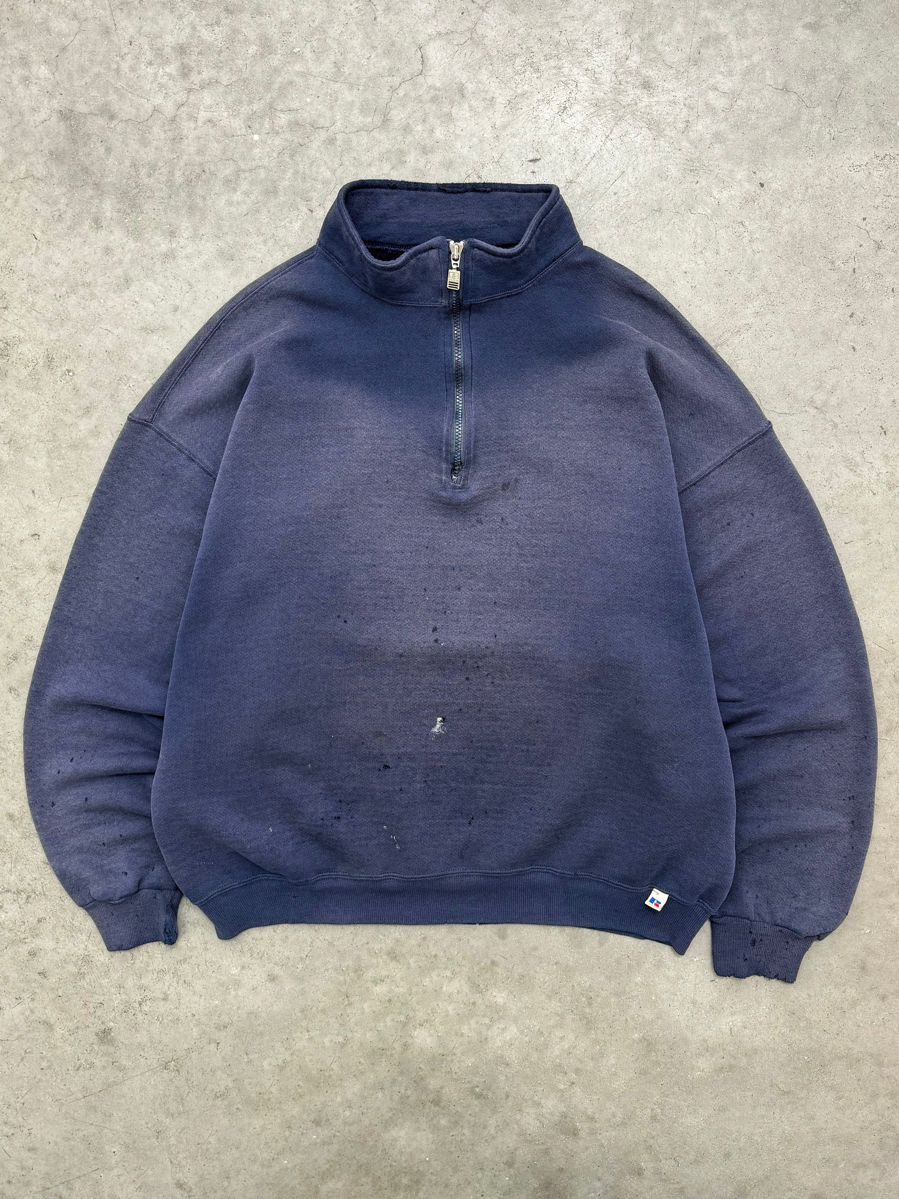 SUN FADED INDIGO & DISTRESSED RUSSELL QUARTER ZIP SWEATSHIRT - 1990S