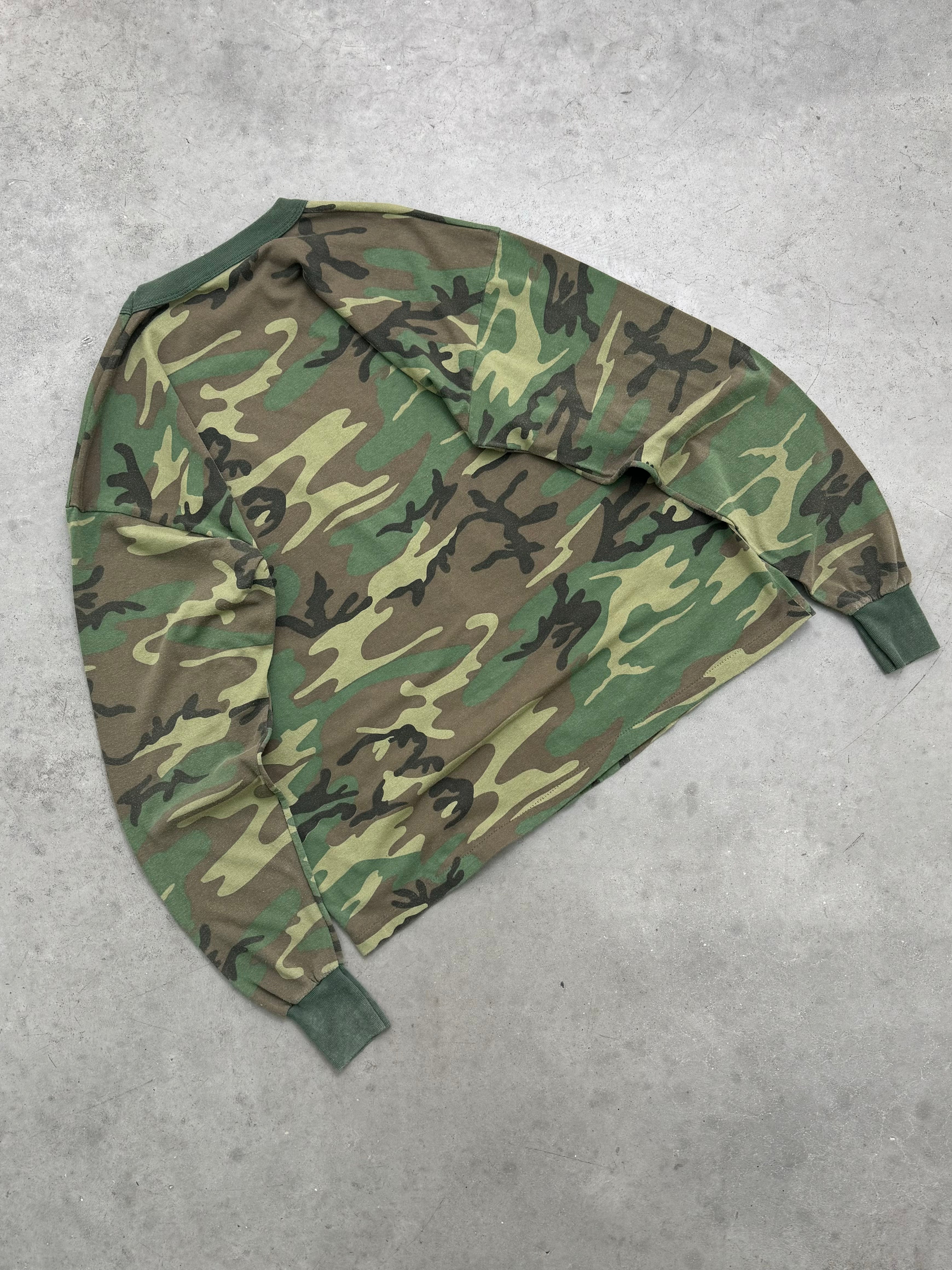 FADED WOODLAND CAMO MILITARY LONG SLEEVE TEE - 1980S