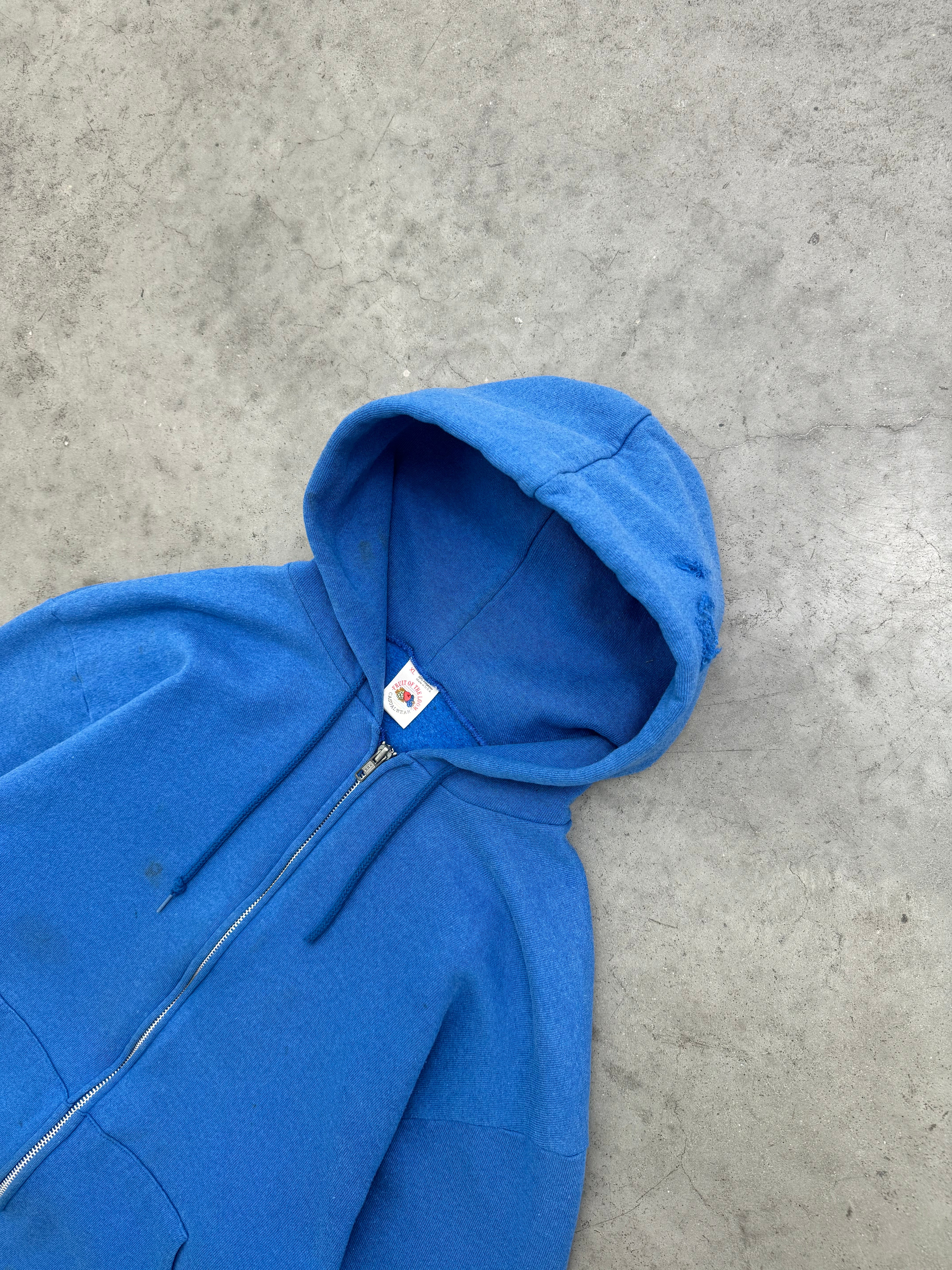 DISTRESSED & SUN FADED BLUE ZIP UP HOODIE - 1990S