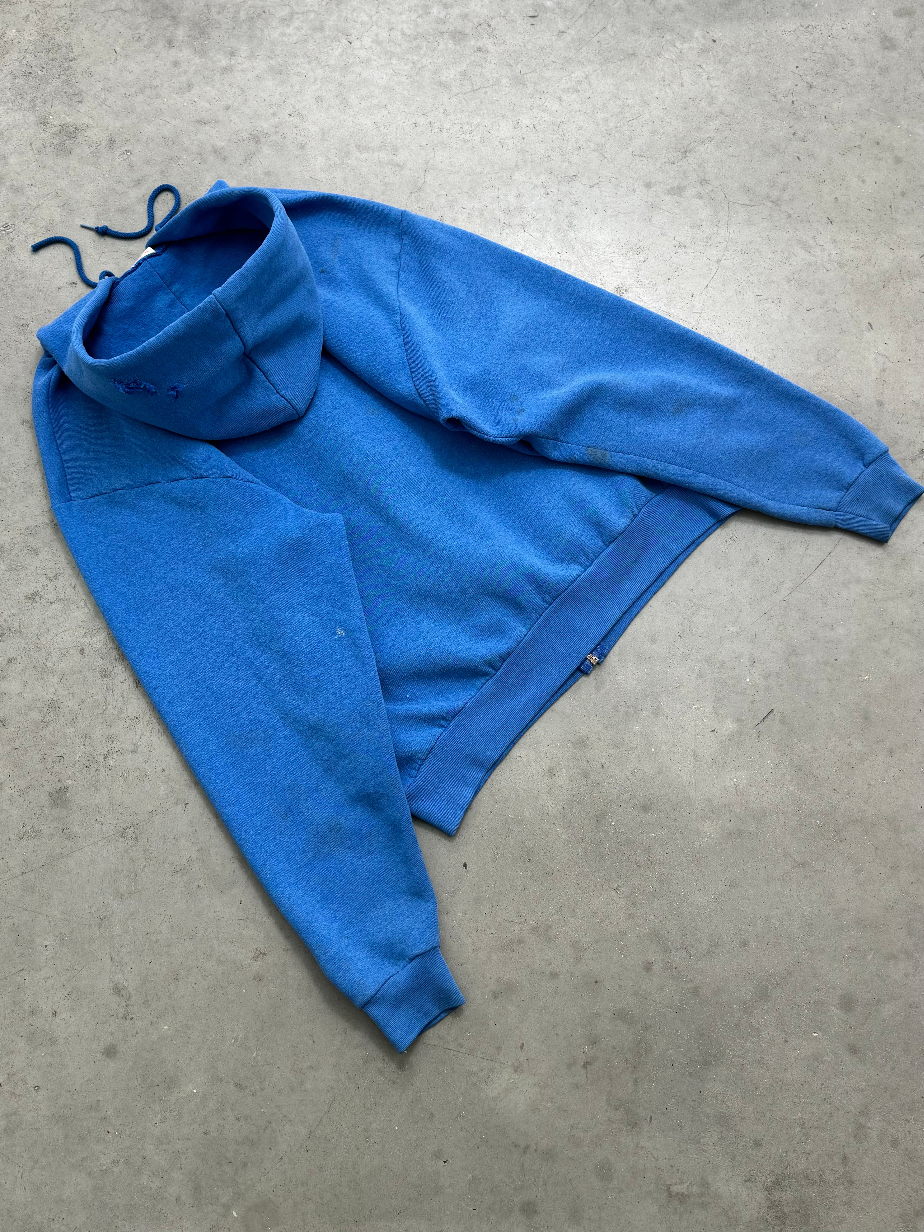 DISTRESSED & SUN FADED BLUE ZIP UP HOODIE - 1990S