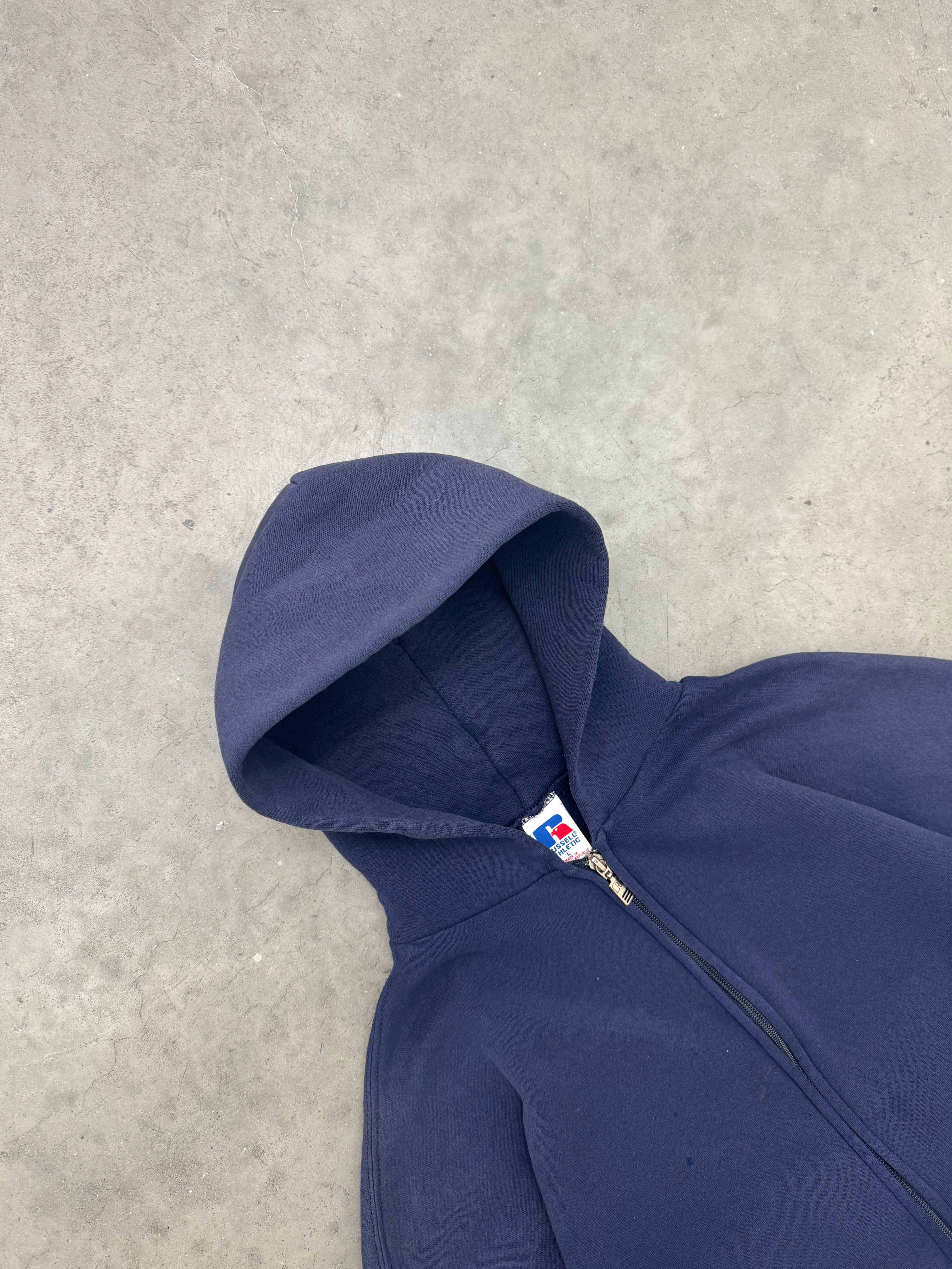 SUN FADED INDIGO RUSSELL ZIP UP HOODIE - 1990S