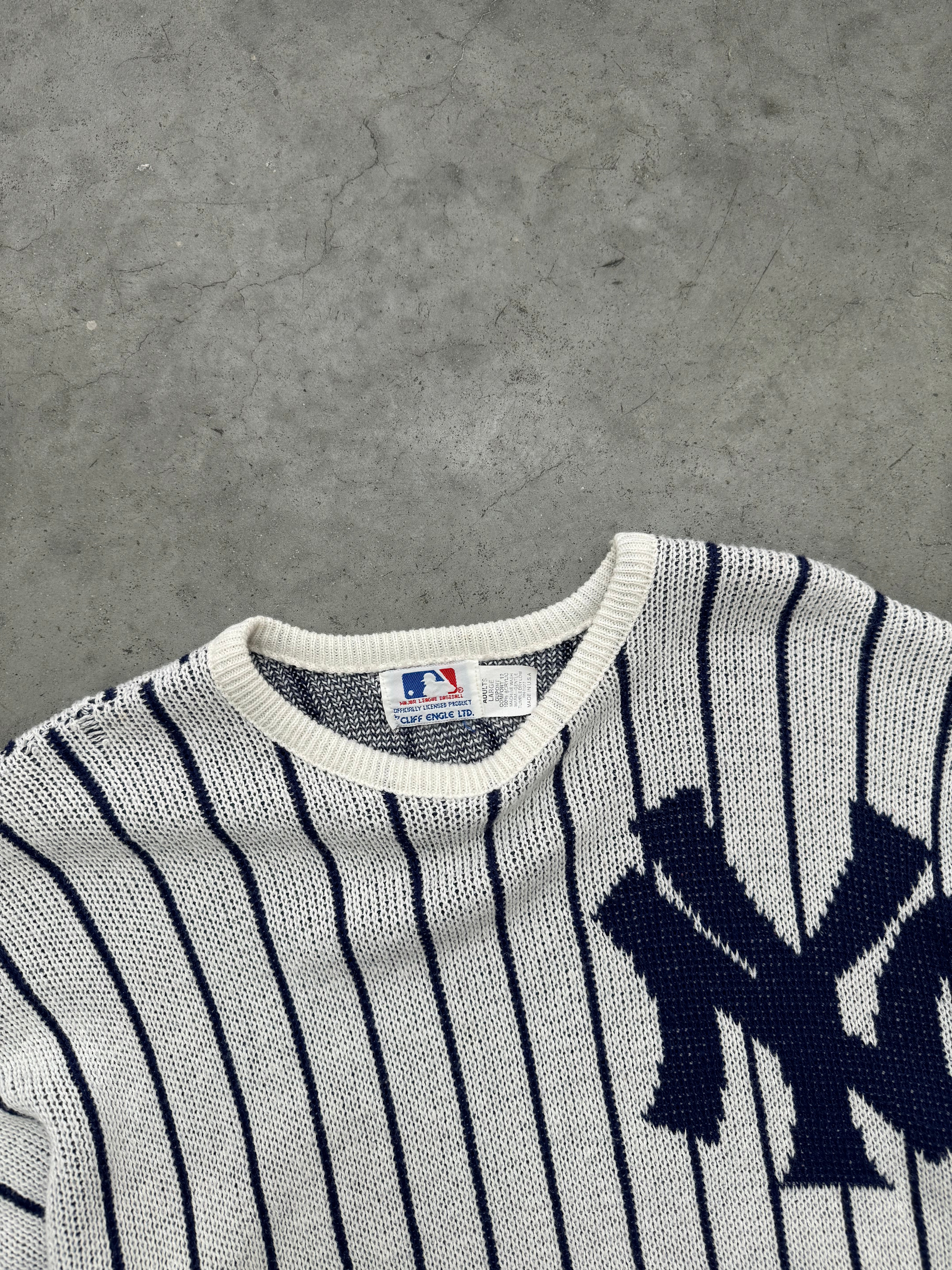 FADED BONE WHITE NEW YORK YANKEES PINSTRIPE SWEATER - 1980S