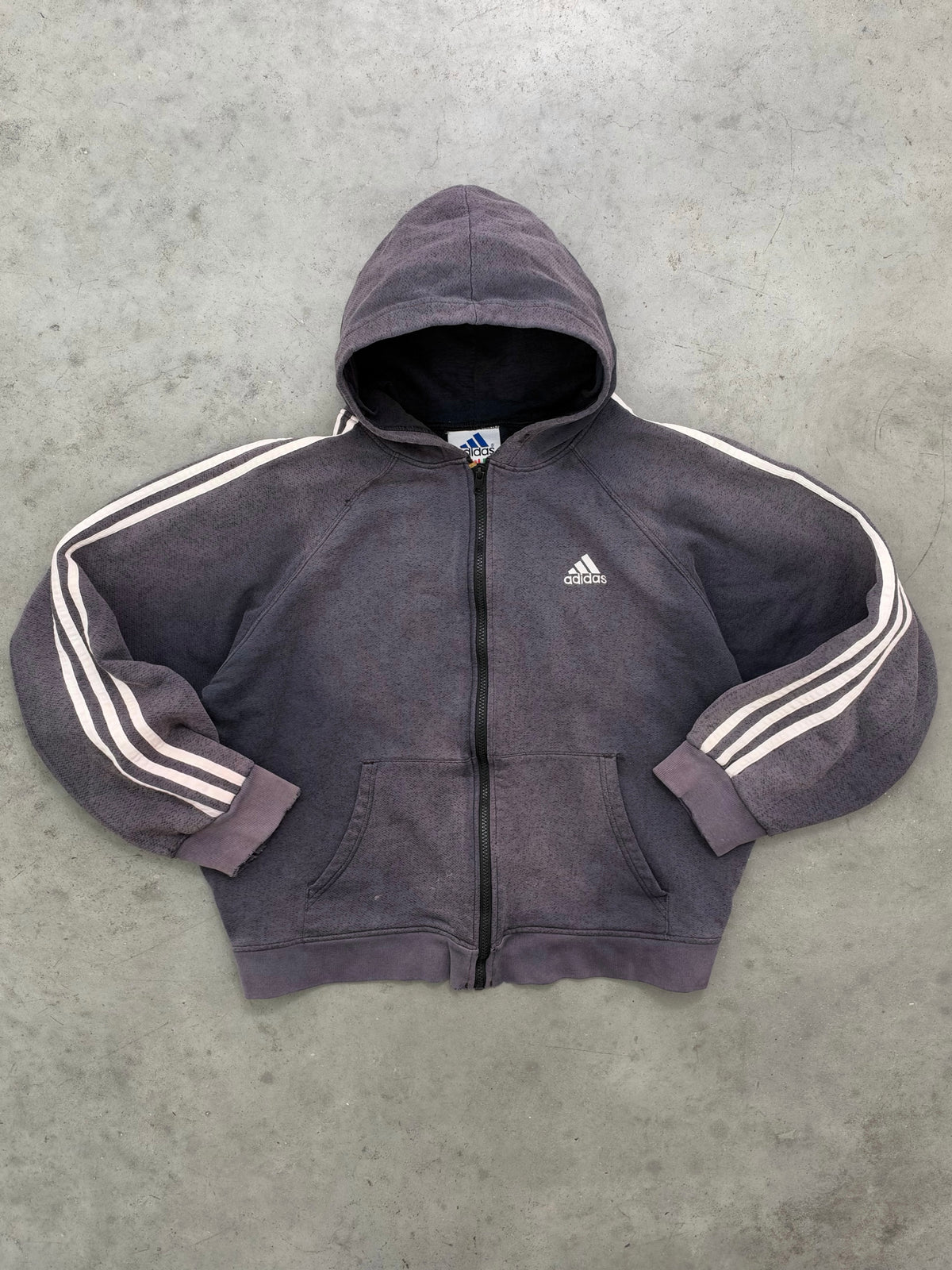 SUN FADED CHARCOAL ADIDAS 3 STRIPE ZIP UP HOODIE - 1990S