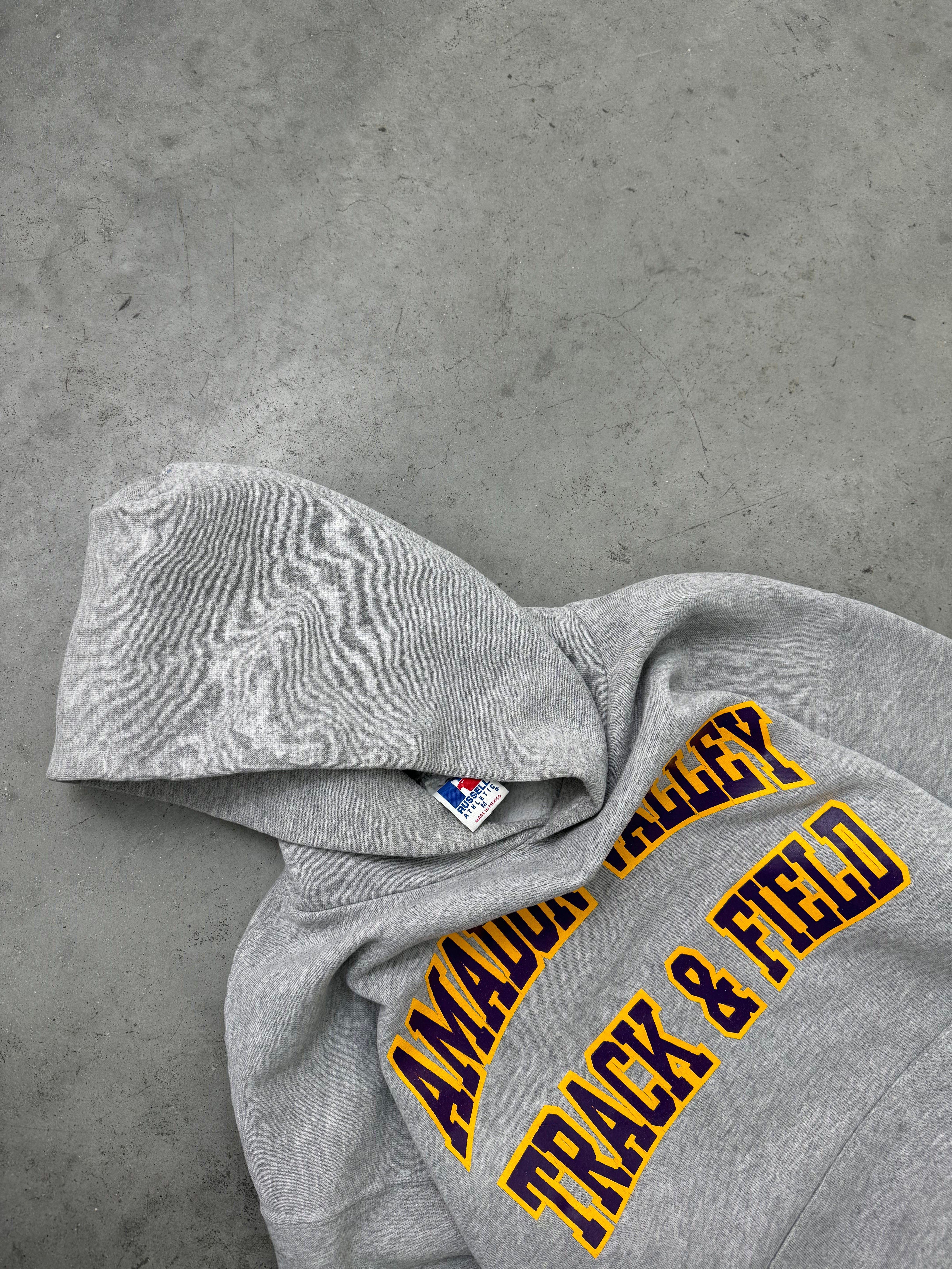 "TRACK AND FIELD" HEATHER GREY RUSSELL HOODIE - 1990S