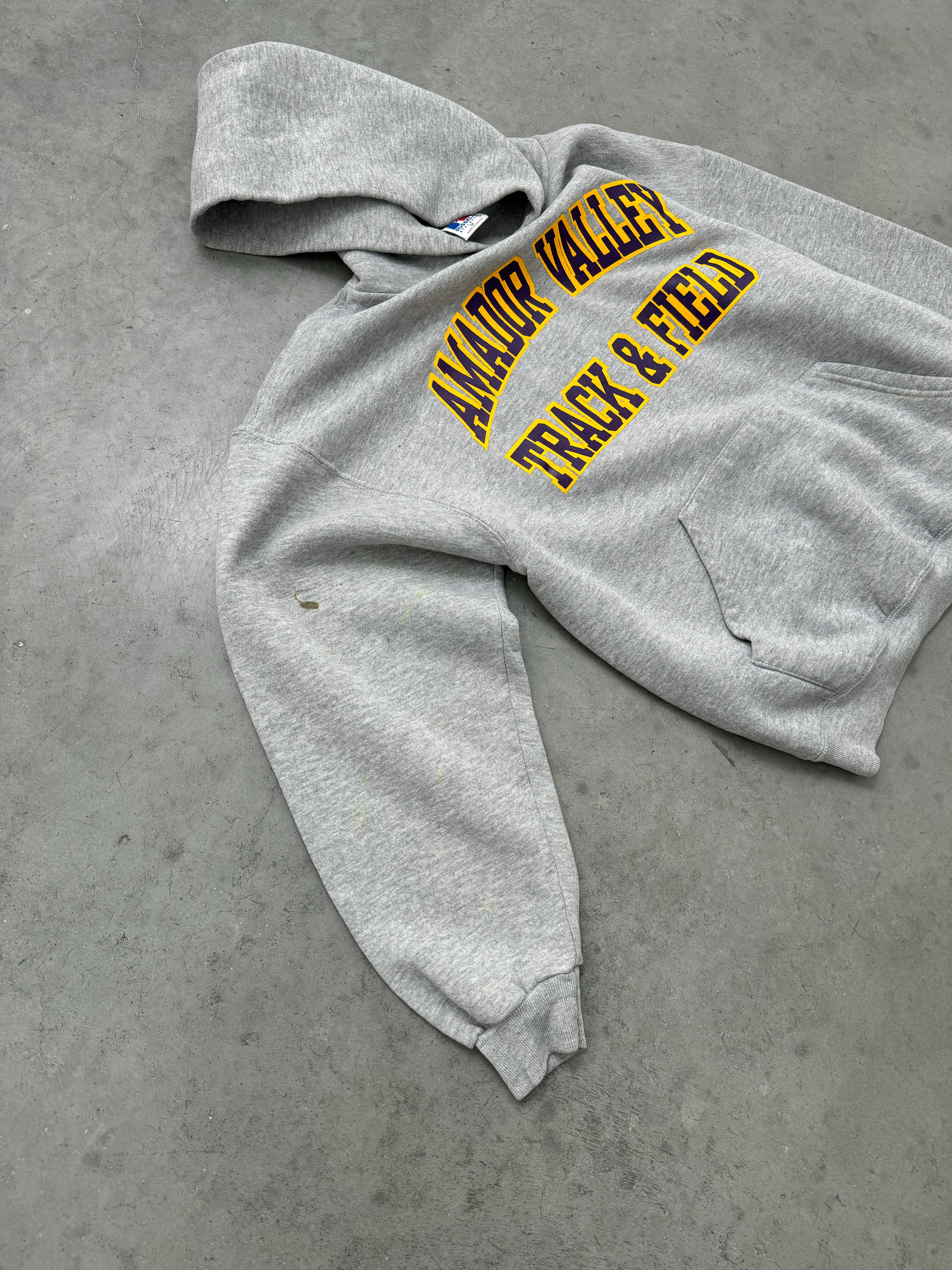 "TRACK AND FIELD" HEATHER GREY RUSSELL HOODIE - 1990S
