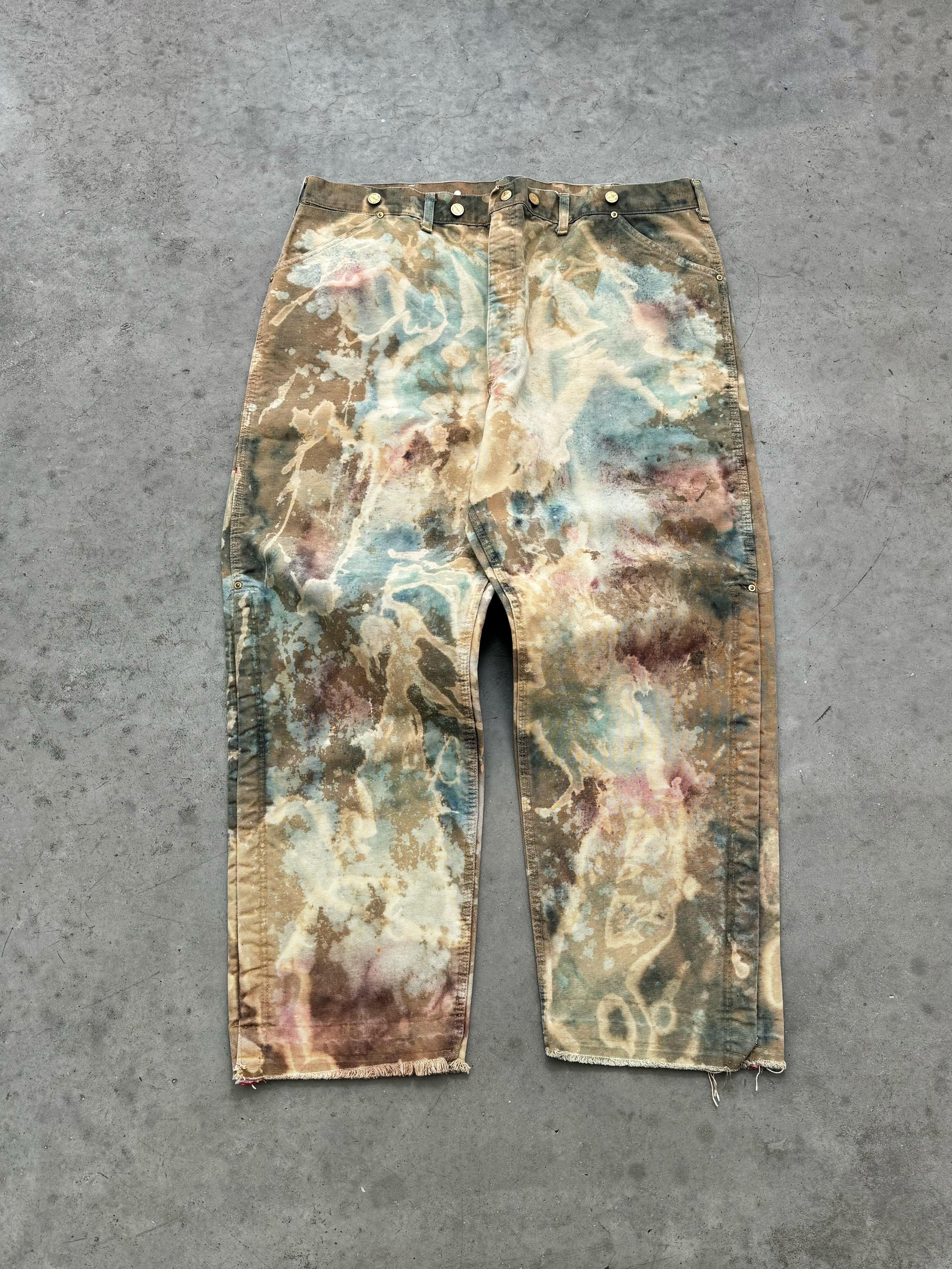 DISTRESSED & FADED TAN PAINT SPLATTER COVERALL PANTS - 1980S