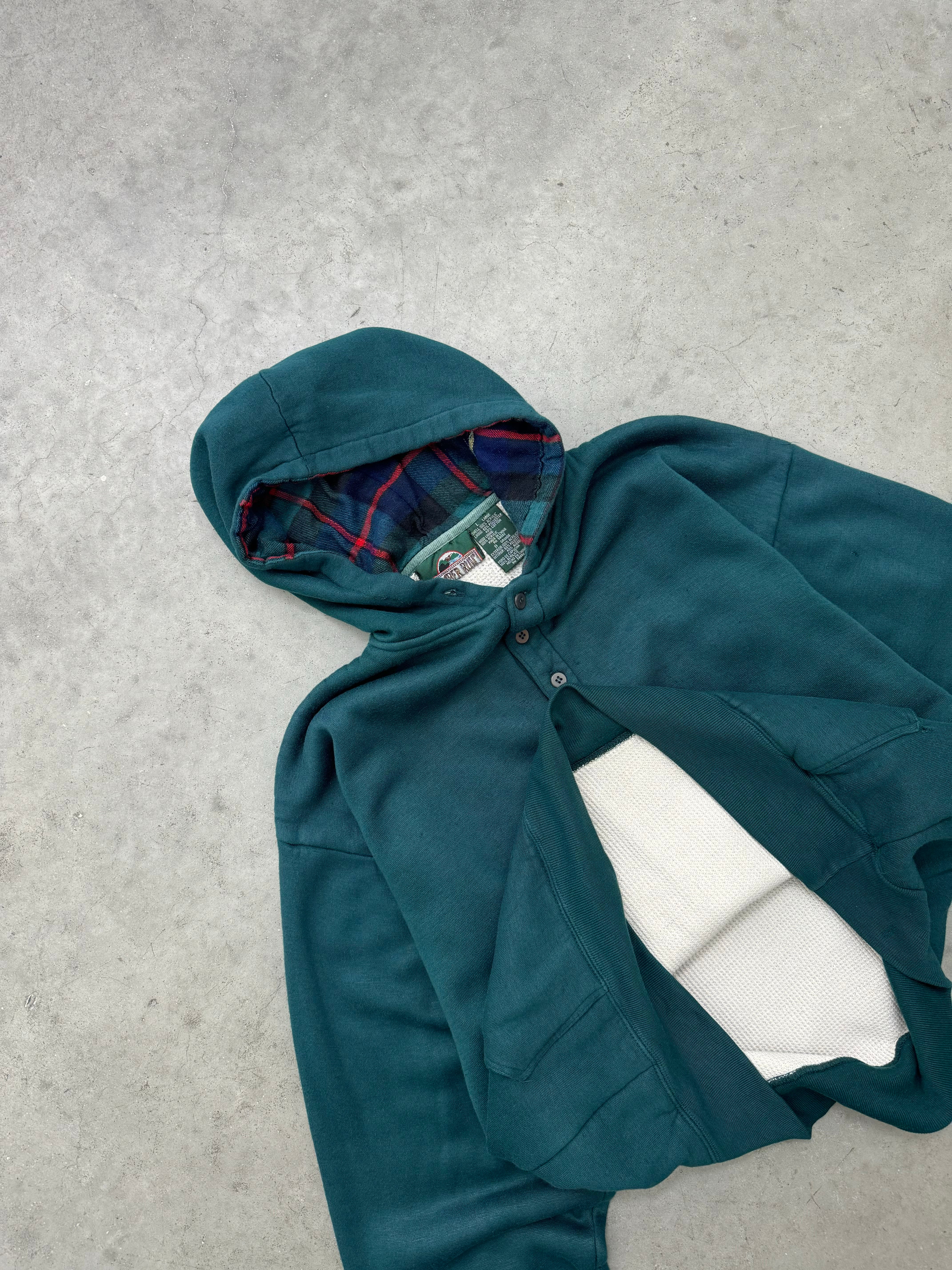 FADED GREEN FLANNEL LINED QUARTER BUTTON HOODIE - 1990S