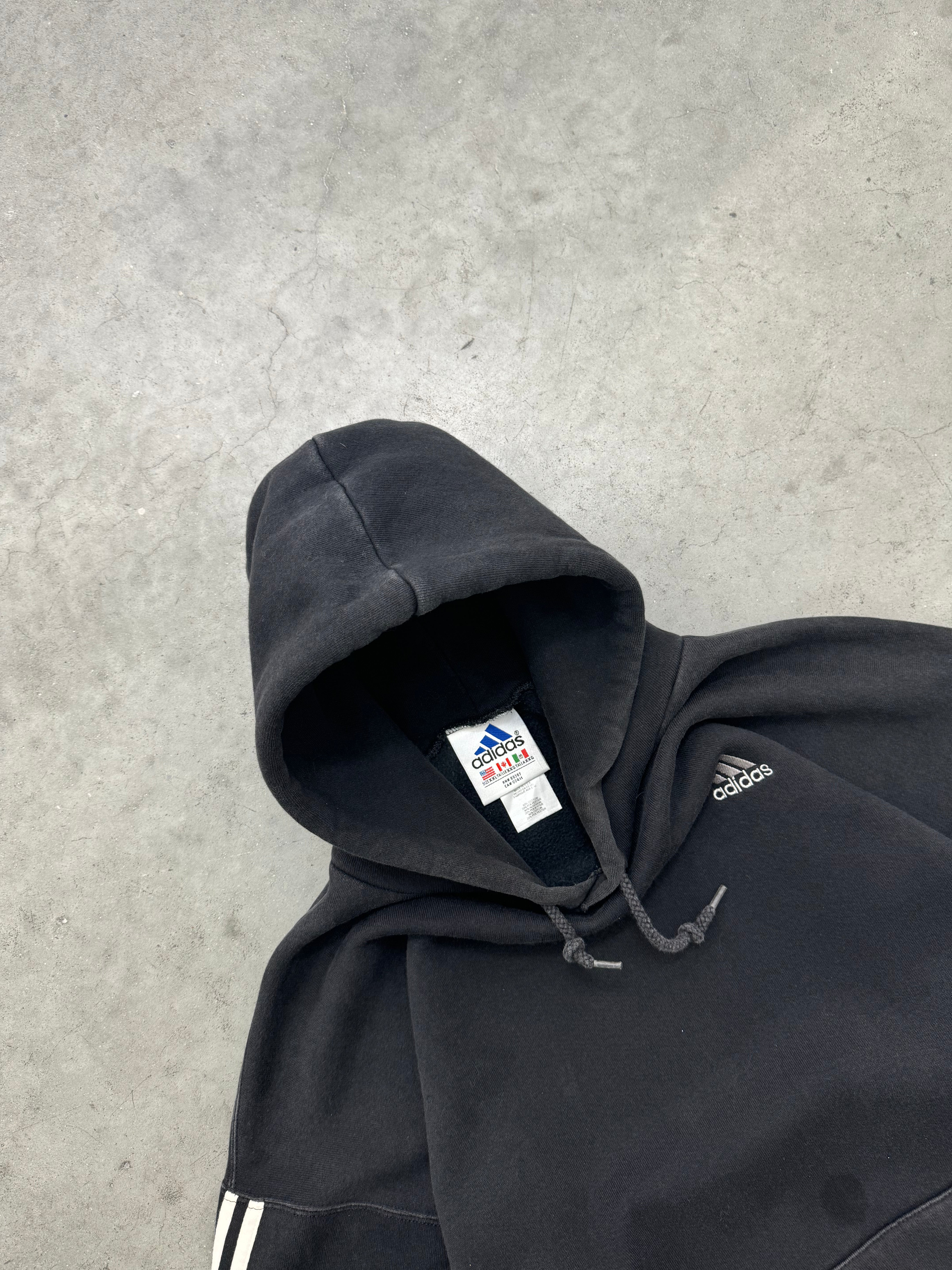 FADED BLACK ADIDAS 3 STRIPE HEAVYWEIGHT HOODIE - 1990S