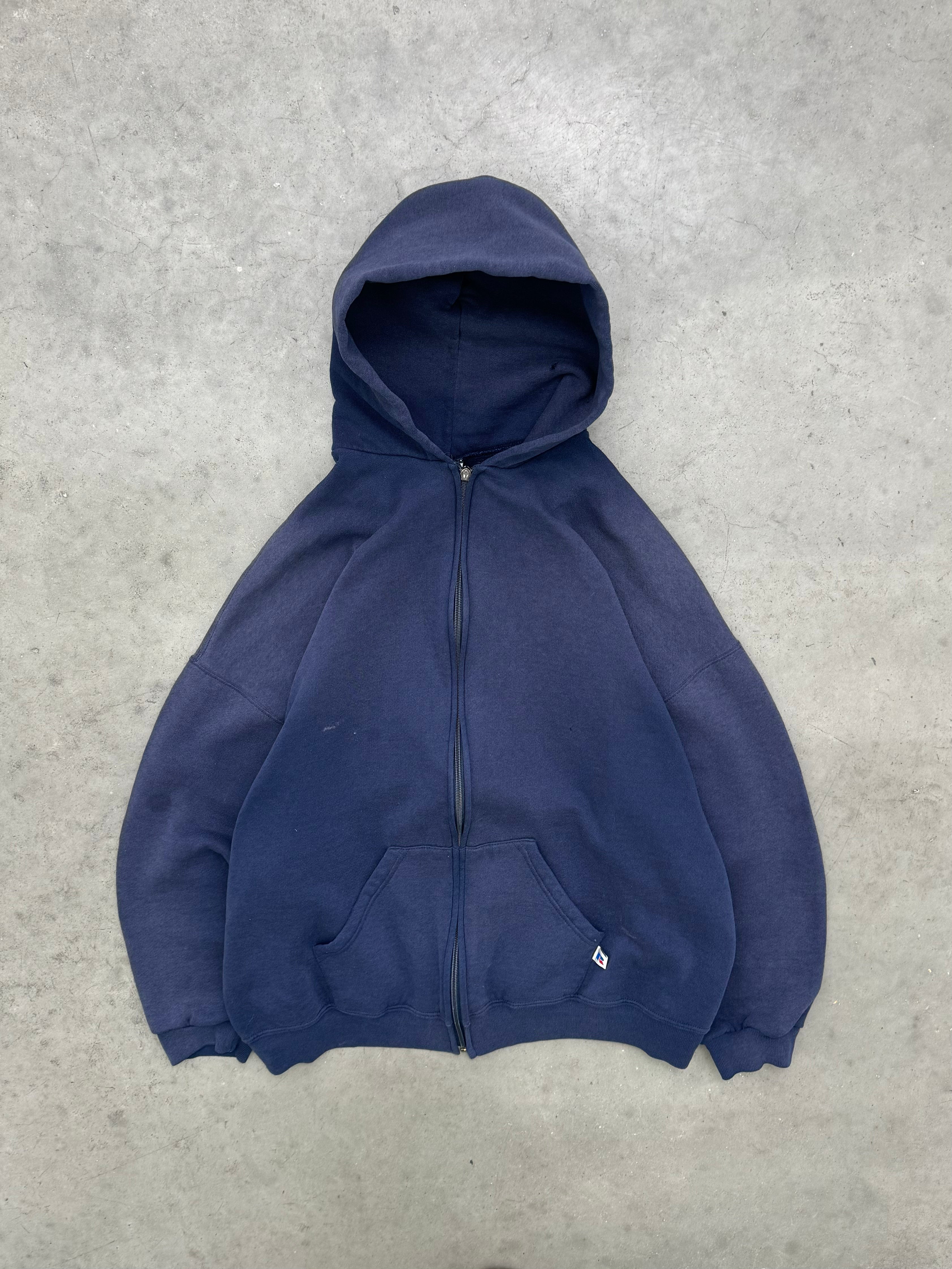 SUN FADED NAVY RUSSELL ZIP UP HOODIE - 1990S