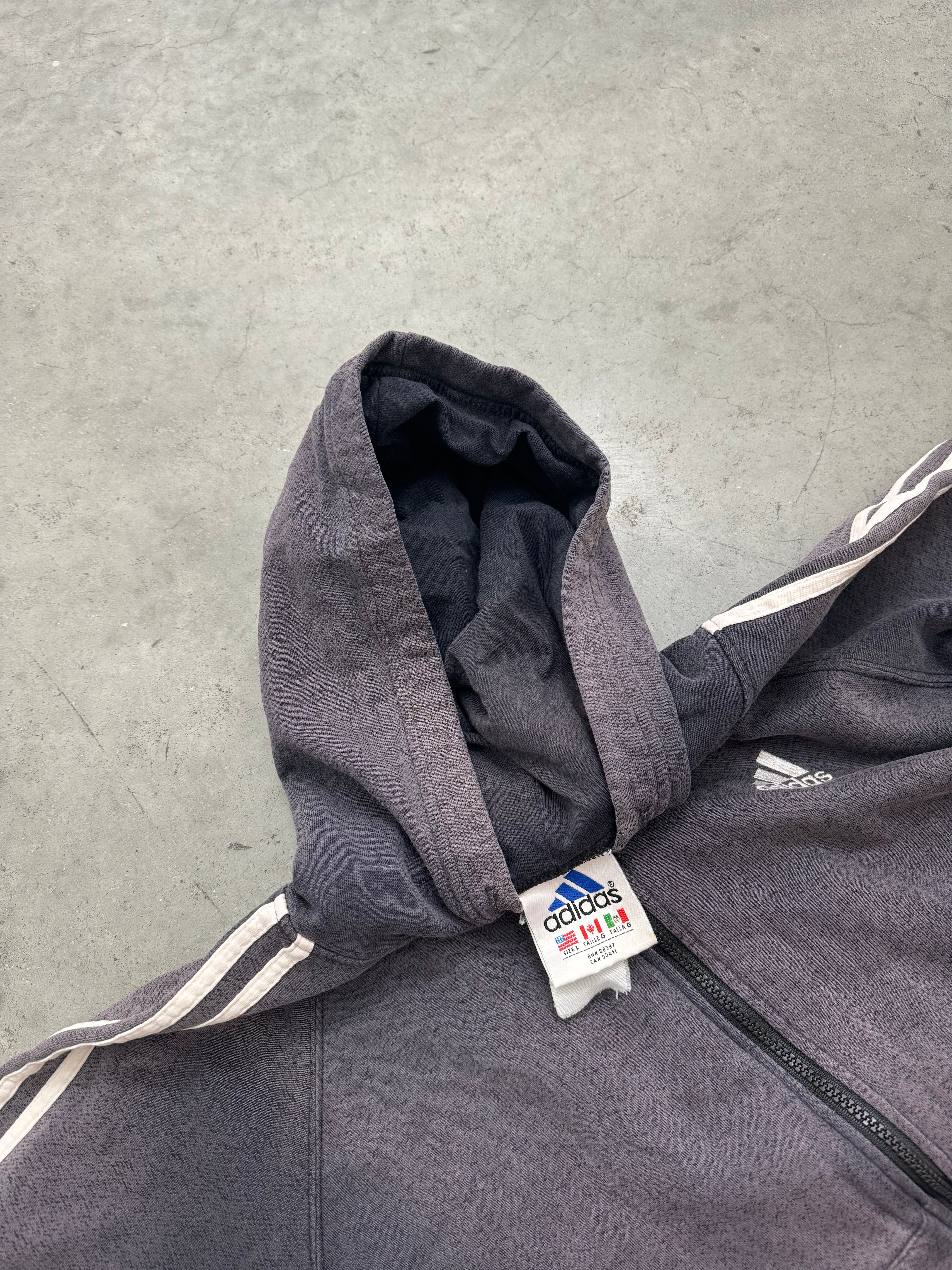 SUN FADED CHARCOAL ADIDAS 3 STRIPE ZIP UP HOODIE - 1990S