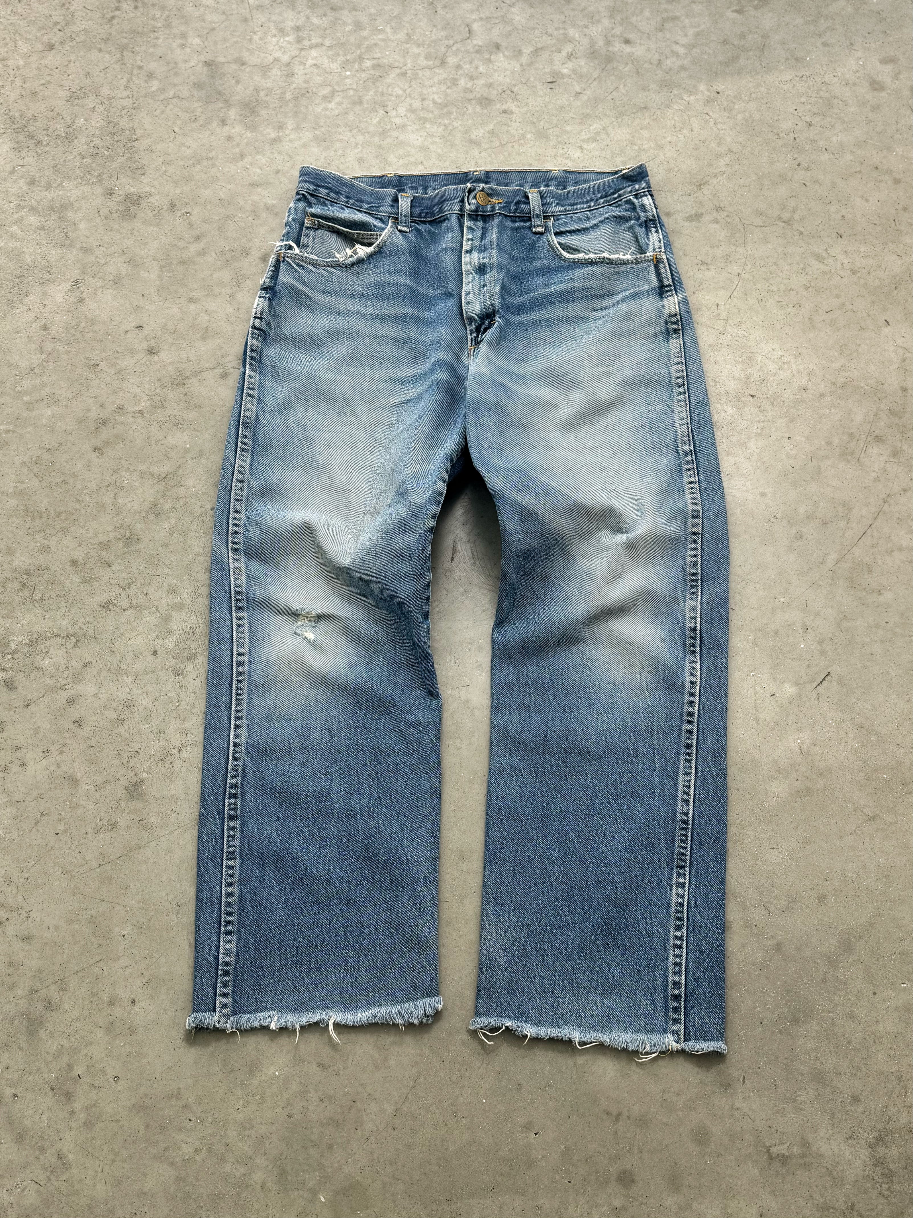 DISTRESSED & FADED BLUE OPEN HEM JEANS - 1990S