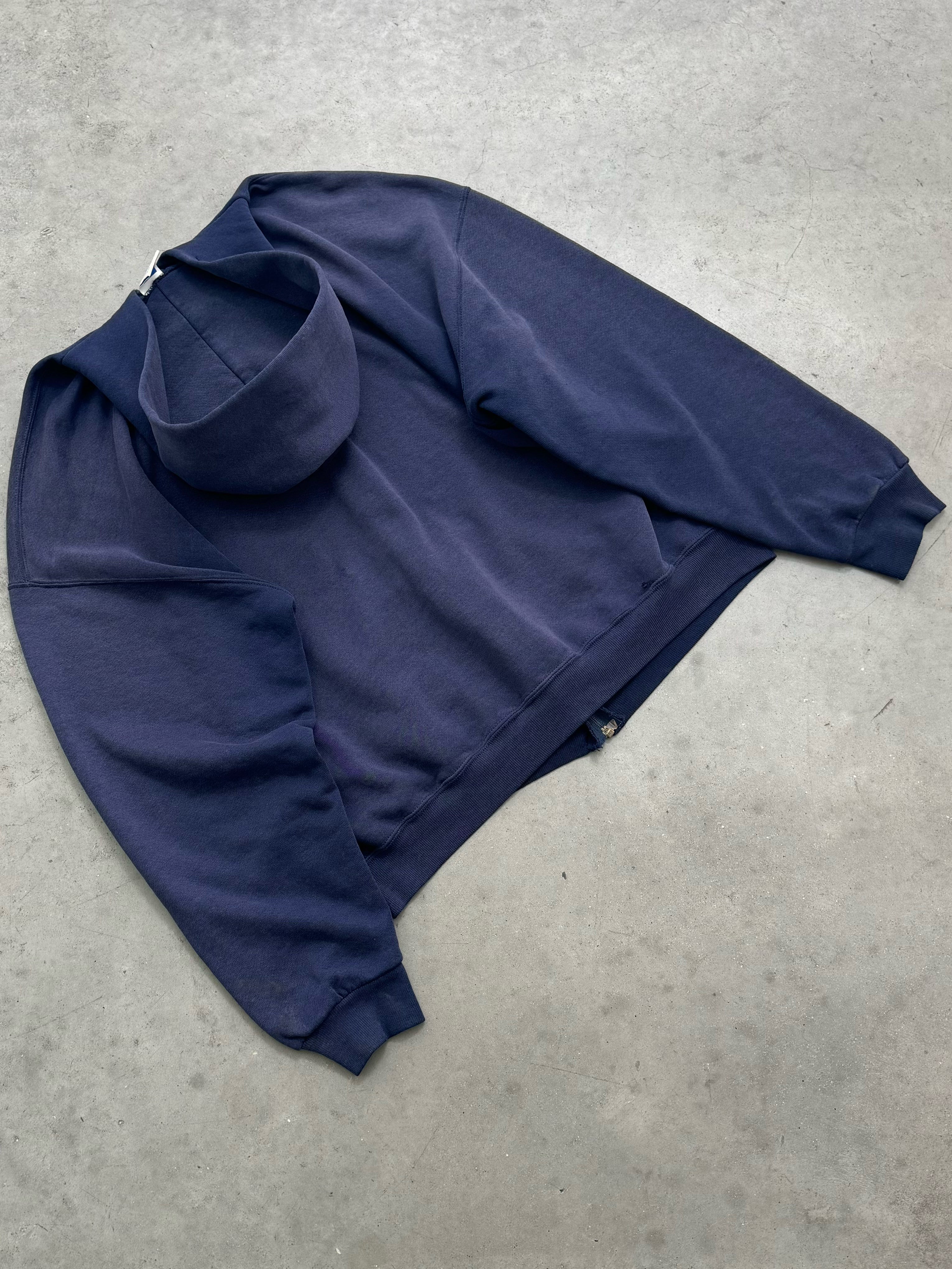 SUN FADED NAVY ZIP UP RUSSELL HOODIE - 1990S