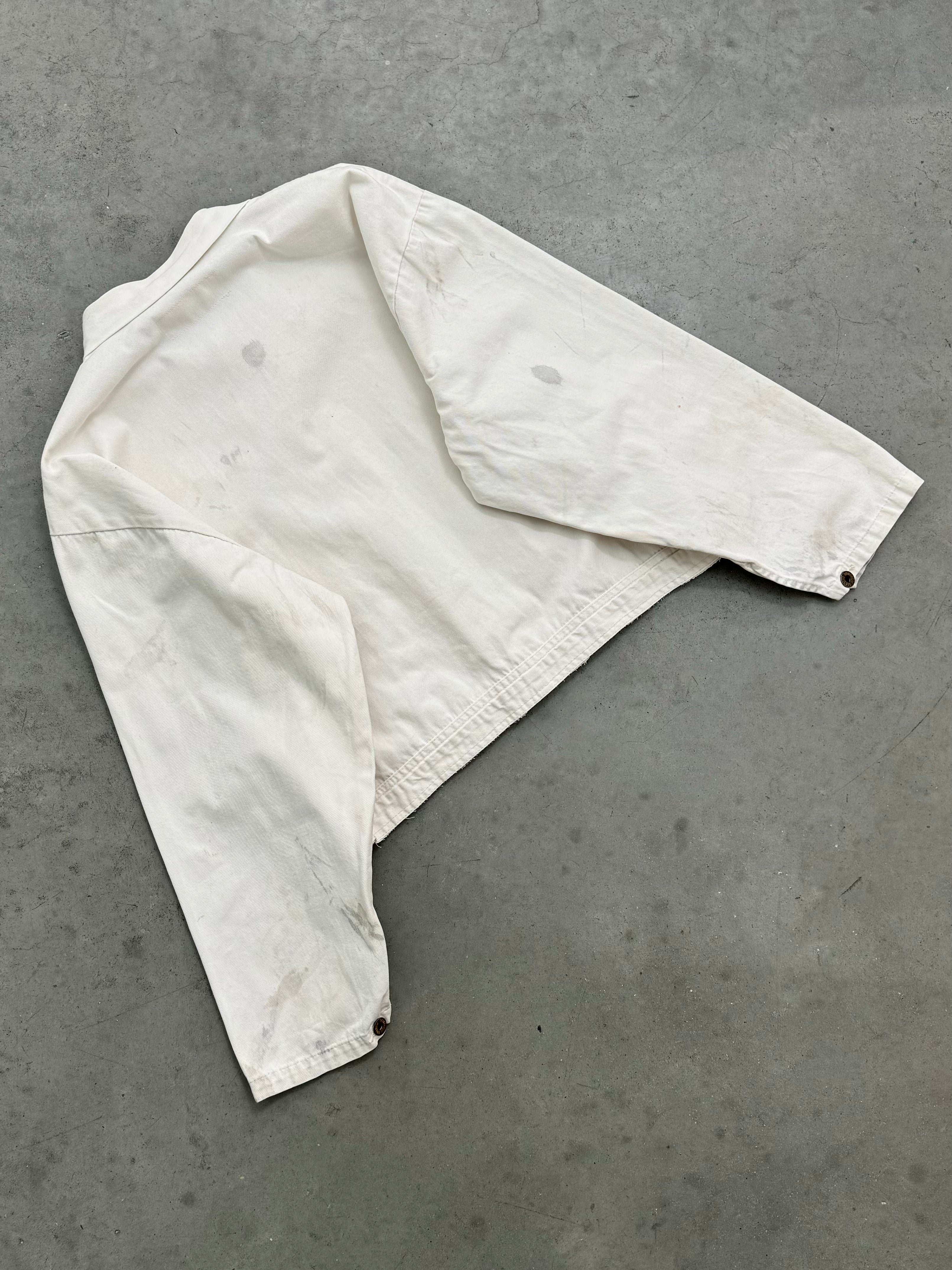 DISTRESSED FADED BONE WHITE PORSCHE MECHANIC JACKET - 1980S
