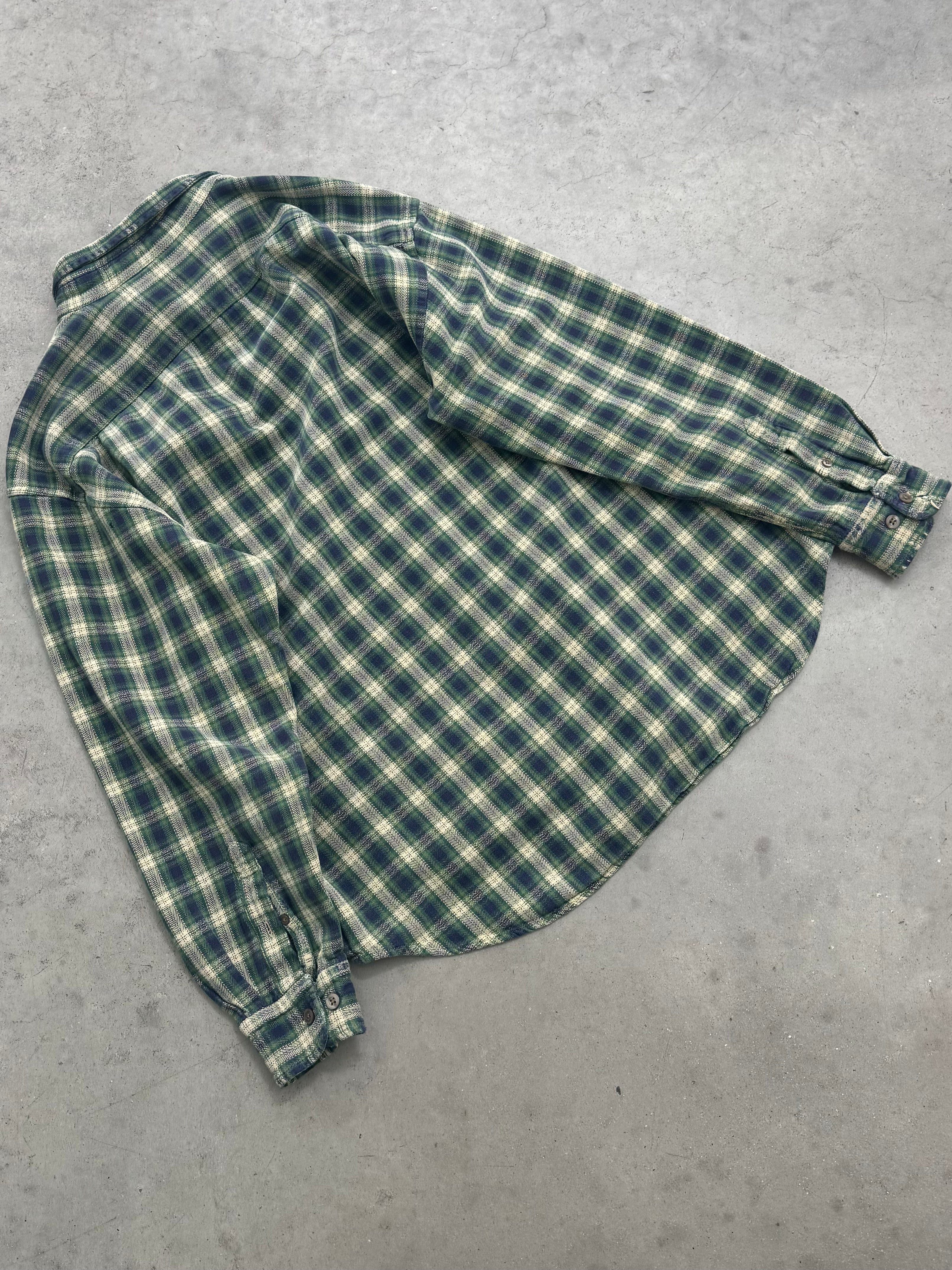 FADED GREEN PLAID GAP FLANNEL SHIRT - 1990S