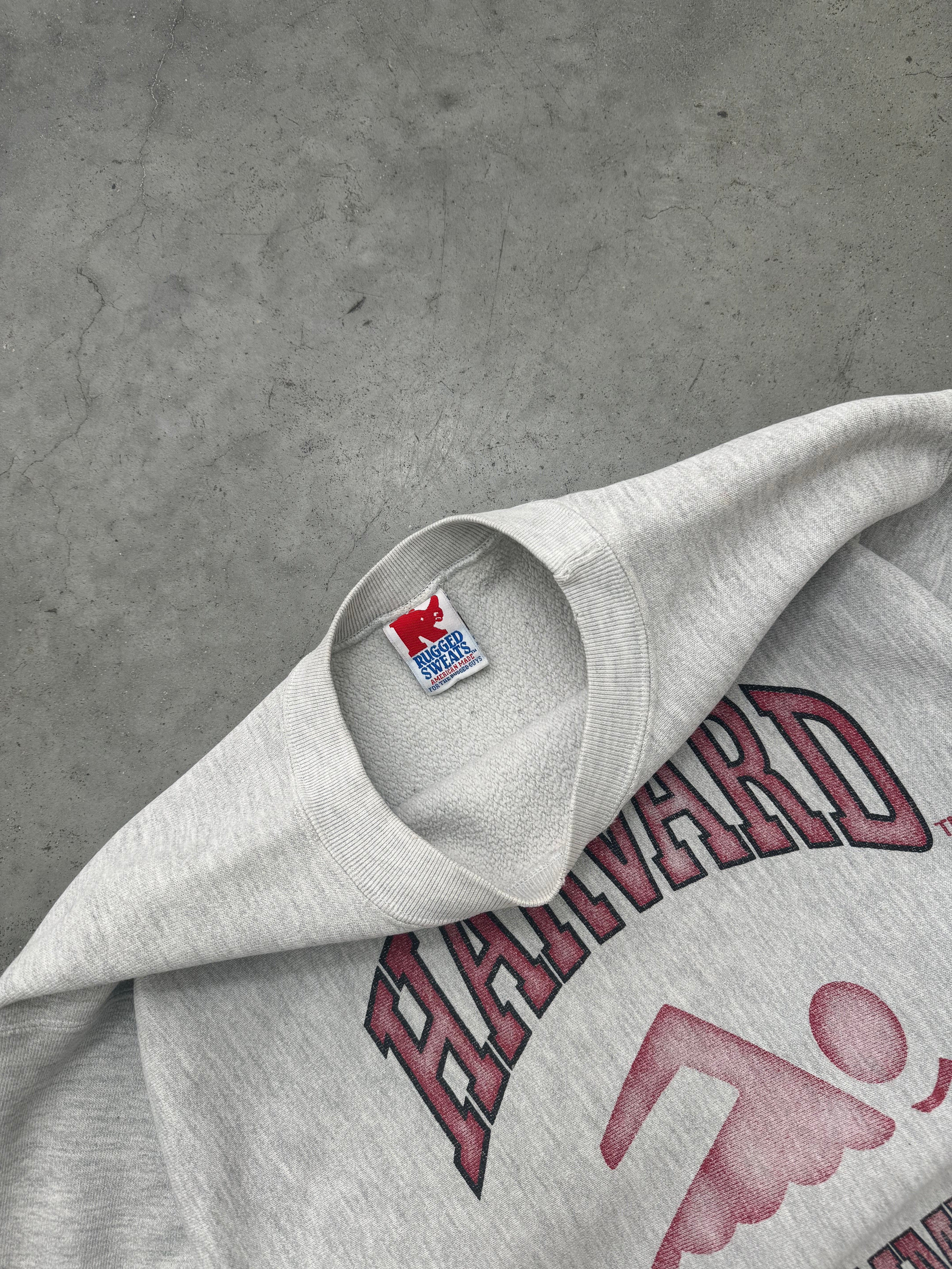 FADED HEATHER GREY "HARVARD SWIMMING" REVERSE WEAVE CREWNECK - 1980S