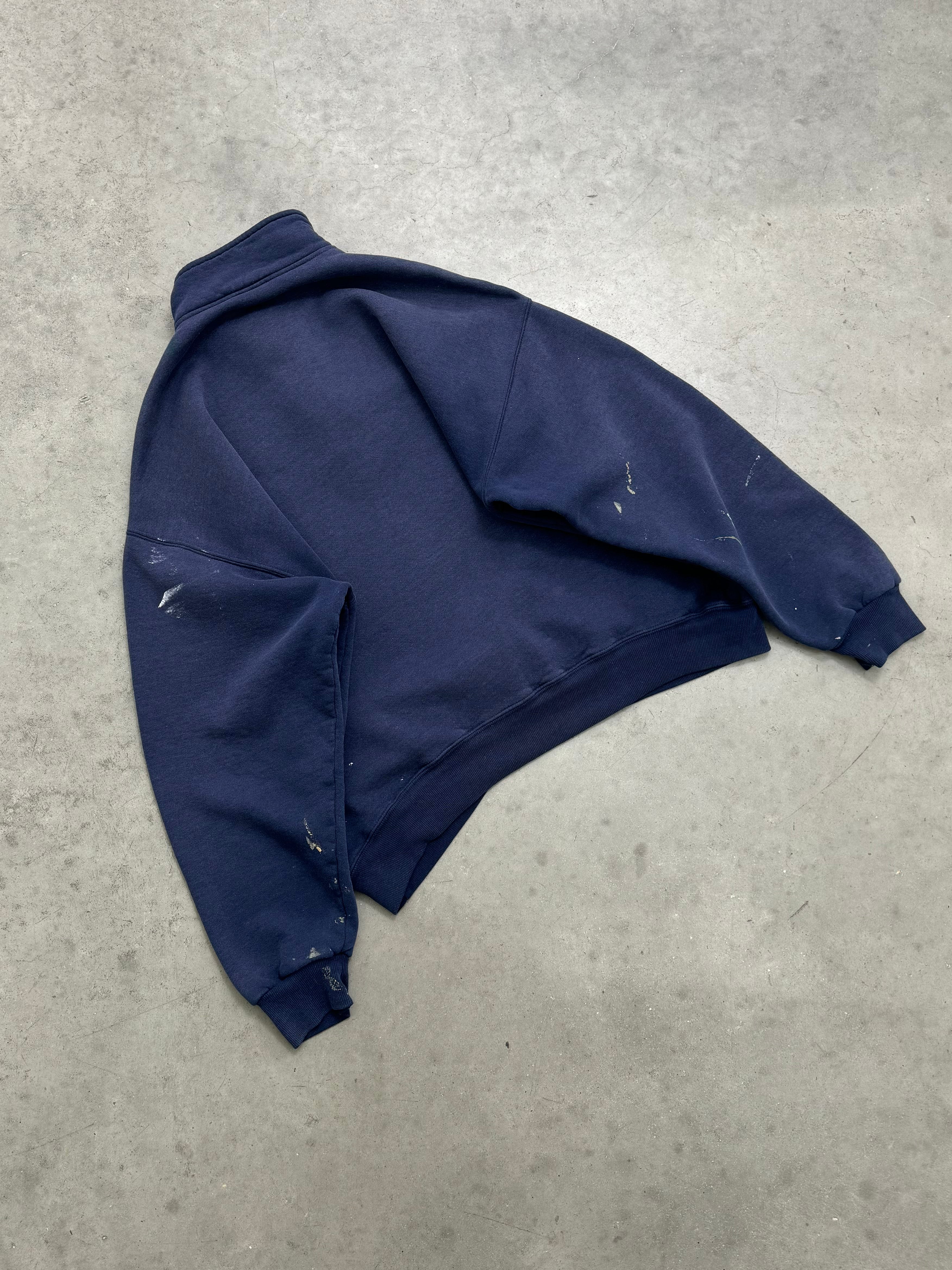 SUN FADED NAVY PAINTERS RUSSELL QUARTER ZIP - 1990S