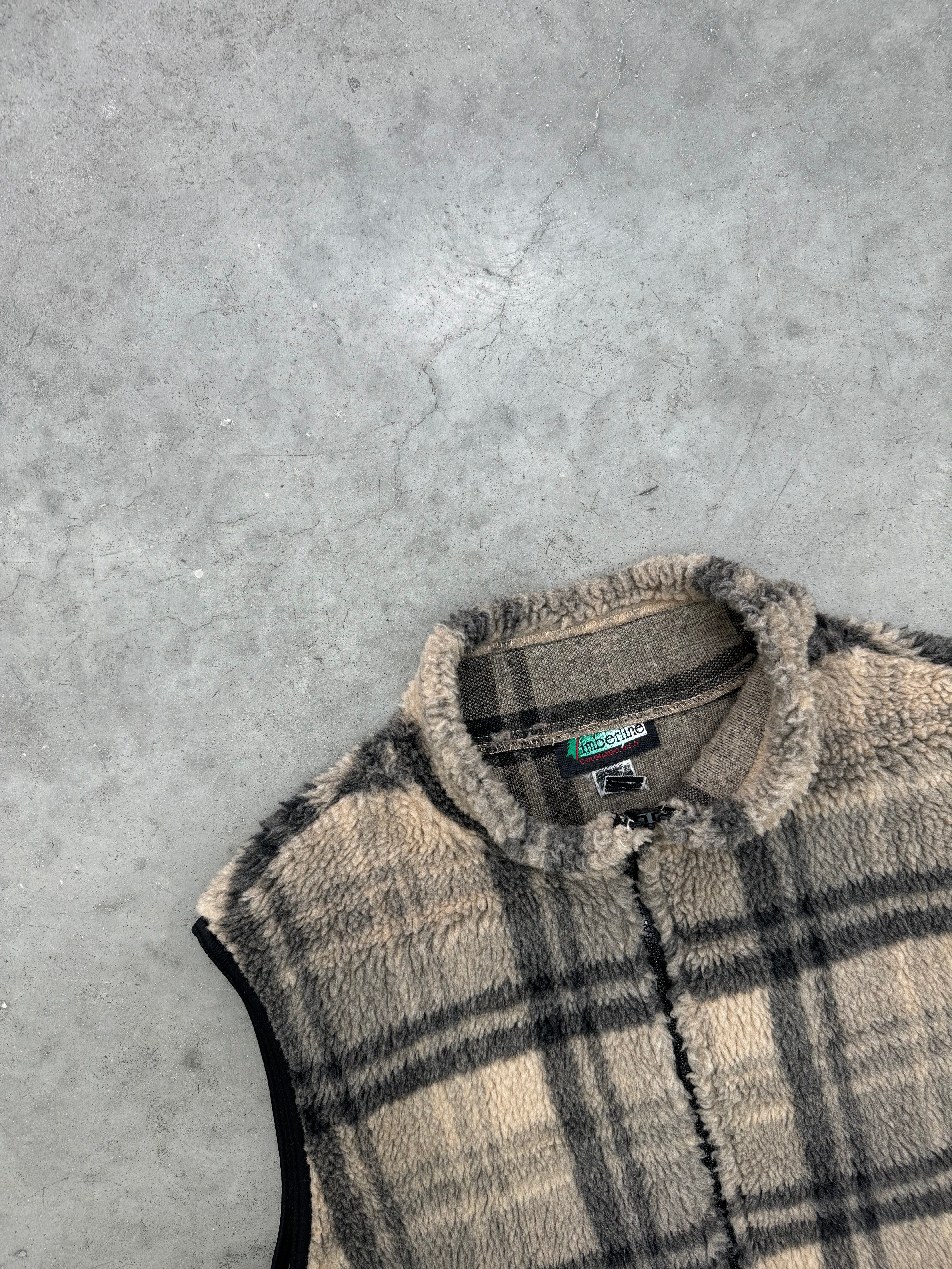 OATMEAL PLAID ZIP UP DEEP PILE VEST - 1990S