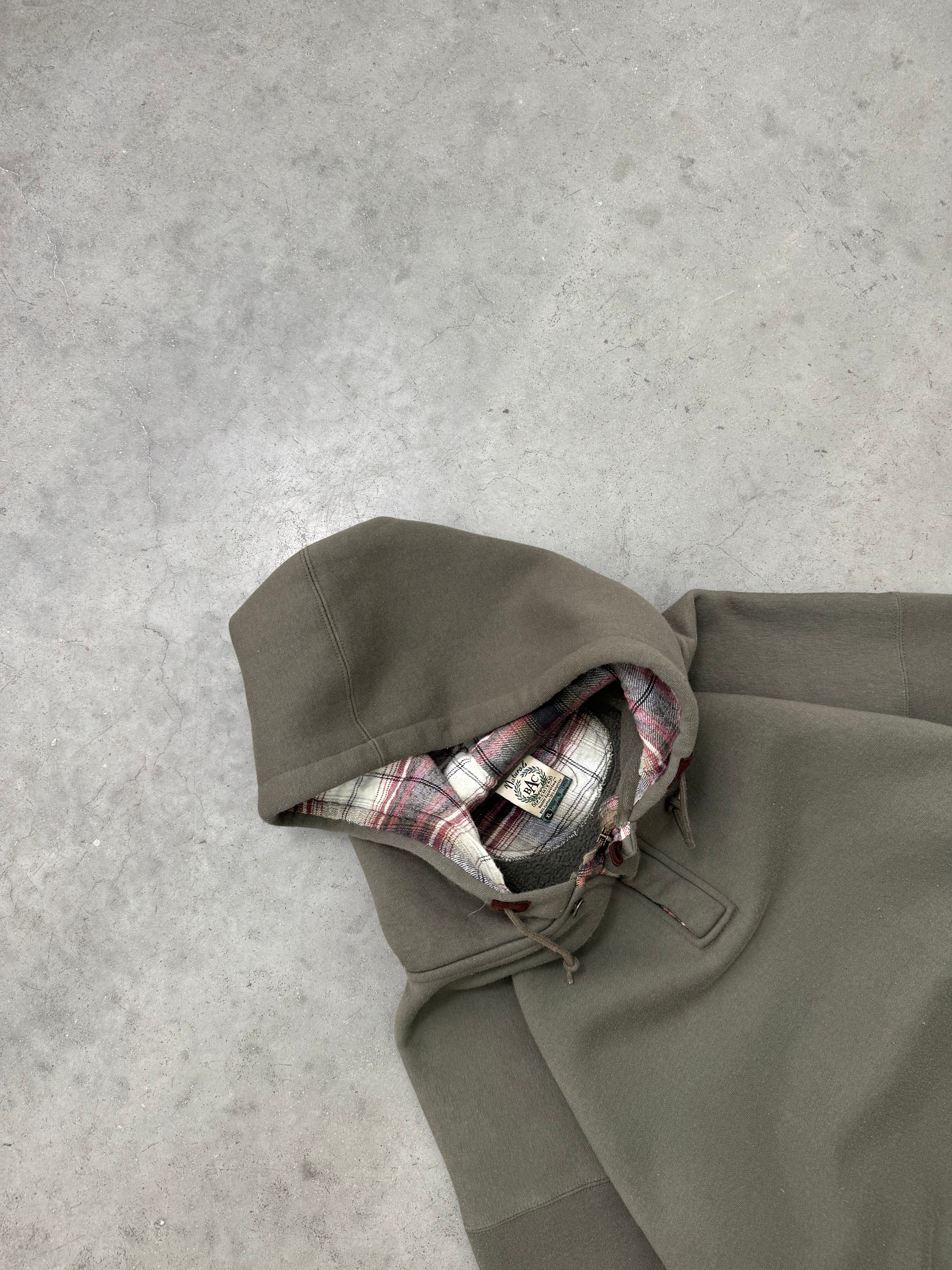 FADED OLIVE FLANNEL LINED QUARTER BUTTON HOODIE - 1990S