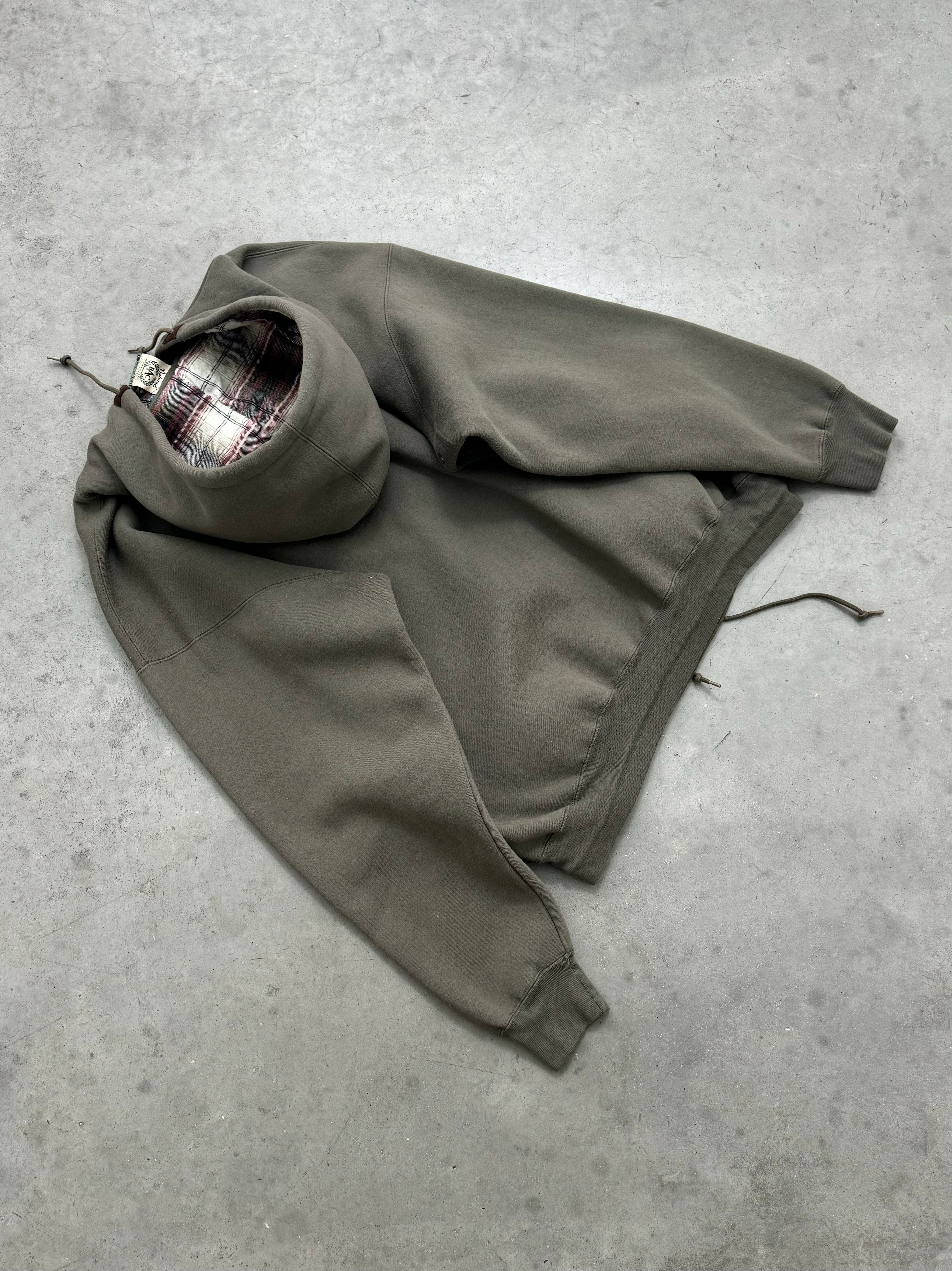 FADED OLIVE FLANNEL LINED QUARTER BUTTON HOODIE - 1990S