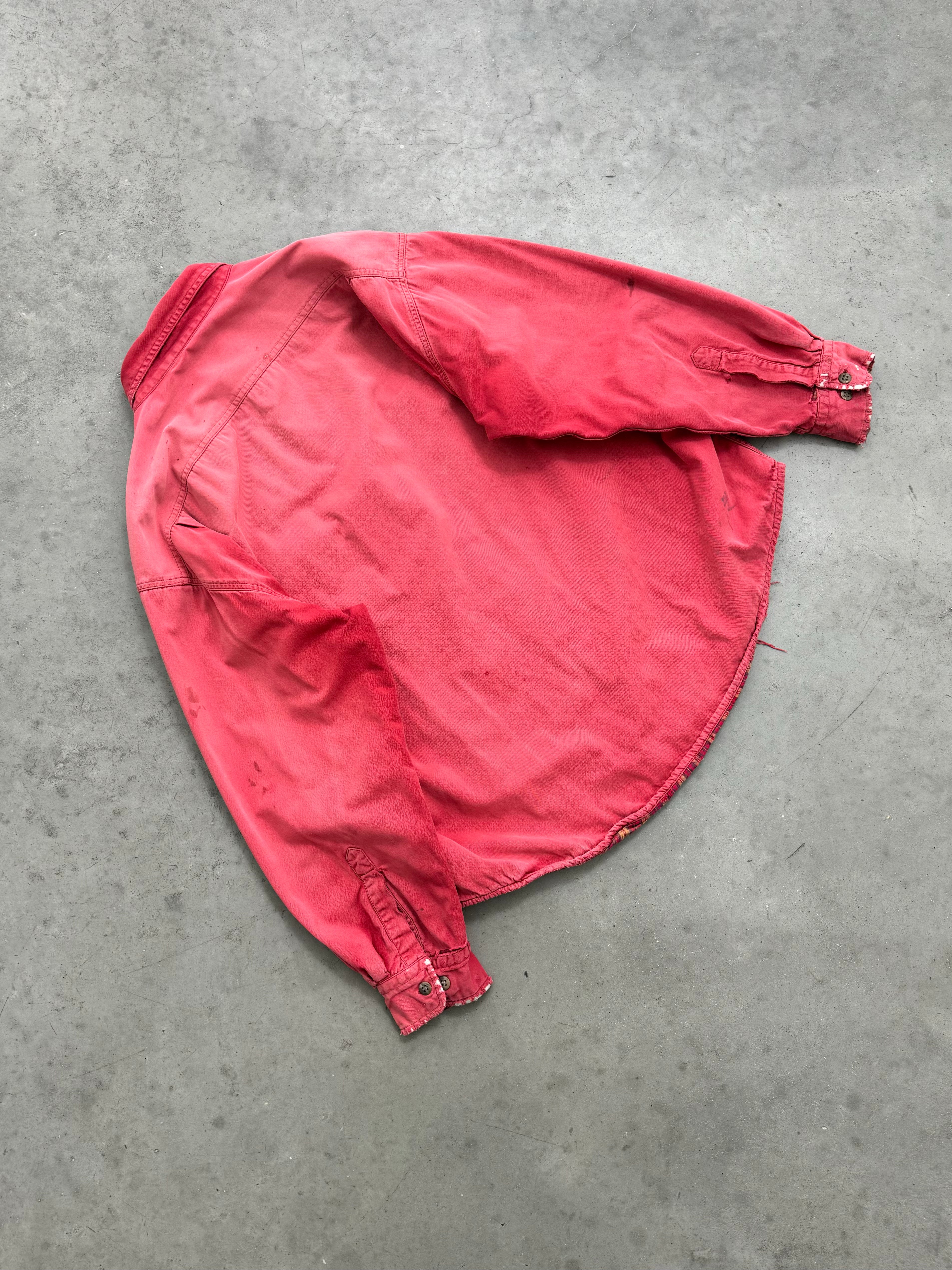 FADED RED & DISTRESSED FLANNEL LINED OVERSHIRT - 1990S